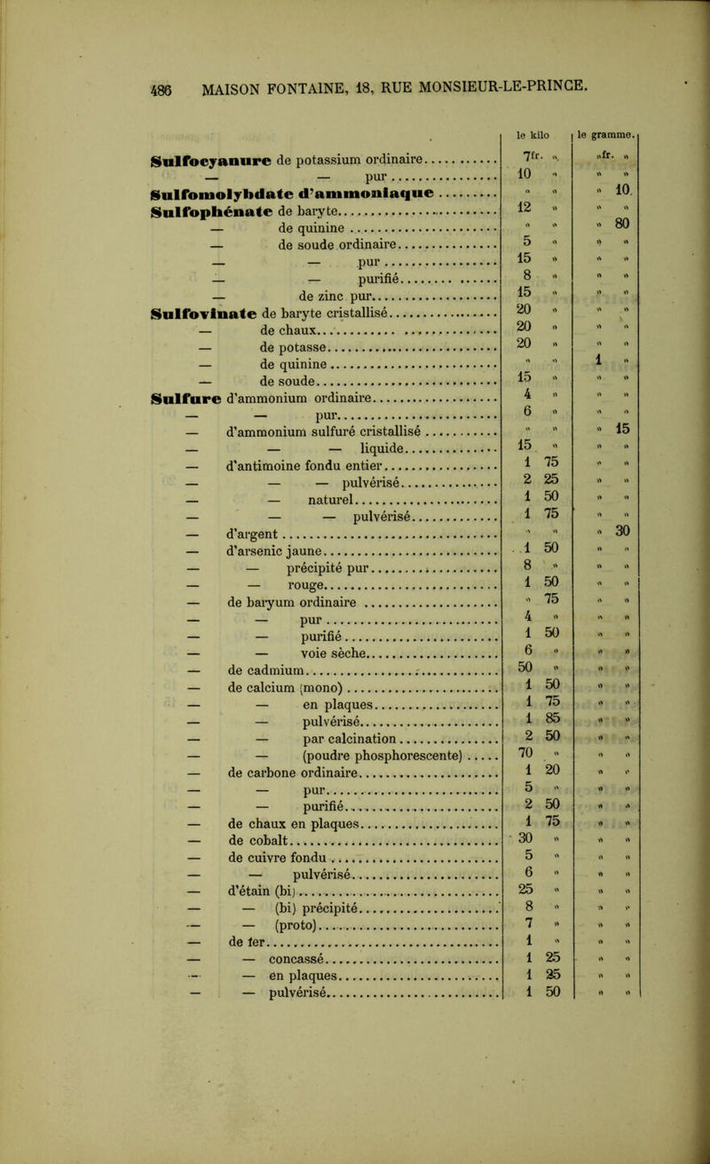 ISulfocyanure de potassium ordinaire.. • — — pur ISuiromolylidate d’ammoniaque Sulfopbénate de baryte — de quinine — de soude ordinaire — — pur — — purifié — de zinc pur ISulfoTinate de baryte cristallisé — de chaux... — de potasse — de quinine — de soude Sulfure d’ammonium ordinaire pur. d’ammonium sulfuré cristallisé — — liquide d'antimoine fondu entier — — pulvérisé — naturel — — pulvérisé d’argent d’arsenic jaune — précipité pur — rouge de baiyum ordinaire — pur — purifié — voie sèche de cadmium r de calcium (mono) — en plaques — pulvérisé — par calcination — (poudre phosphorescente) de carbone ordinaire — pur — purifié.,, de chaux en plaques. de cobalt de cuivre fondu ,.... — pulvérisé.. d’étain (bi) — (bi) précipité. — (proto) de fer — concasse... — en plaques. — pulvérisé,.. le kilo I le gramme. 7fr. 10 12 5 15 8 15 20 20 20 15 4 6 15 1 75 2 1 1 .1 8 1 4 1 6 50 1 1 1 2 70 1 5 2 1 30 5 6 25 8 7 1 1 1 1 ,^fr. „ 10. » 80 15 g ^ SS . = . . . . . g = g', g SS g - g . ^ g . g . tS g SS