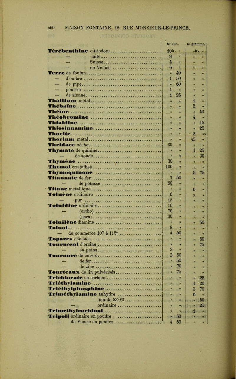 le kilo. i le gramme. Térébeutbine citriodore lOfr. . „fr. „ — cuite 8 — Suisse 4 « „ — de Venise 6 » » » Terre de foulon « 40 „ — d'ombre 1 50 — de pipe « 60' „ « — pourrie 1 « — de sienne.. 1 25 « Tballiuin métal n 1 - Tbébaïne 5  Théine » « 40 Tliéobrouiine 4 >' Tliialfline rt O 15 Thiosinnainine 25 Tliorite ' 2 > Thorium métal 45 « Thridace sèche 30 « Thjiiiate de quinine 1 25 — de soude ; » « 30 Thymèue 30 >> Thymol cristallisé 100 « Thymoquinoue » 5 75 Titauuate de fer 7 50 « « — de potasse 60 Titane métallique 6 Toluène ordinaire 6 » — pur 12 Toluidine ordinaire 10 ' — (ortho) 70 — (para) 30 Toluilène diamine » 50 Toluol 8’ ■' „ „ 1 — du commerce 107 à 112*^ 4 50 1 „ « 1 Topazes choisies -, » 50 Tournesol d’orcine > 75 — en pains 3 ,> Tournure de cuivre 3 50 — de fer 50 — de zinc .. 70 Toiirteau^K. de lin pulvérisés » 75 Trichlorate de carbone -, « 25 Triéthylamine 1 20 ! Triéthylphosphine 3 70 Triméthylamine anhydre „ 6 - — liquide 33 0/0 • « 50 — ordinaire » 25 Triméthylcarbinol ,> « 1 « Tripoli ordinaire en poudre 50 • i* — de Venise en poudre 4 50