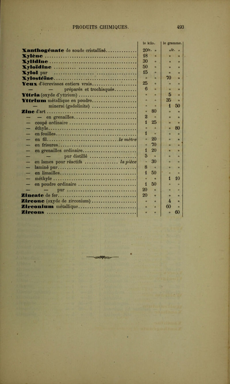 w PRODUITS CHIMIQUES. 493 Xanthogénate de soude cristallisé Xylcne Xjlidiiie Xyloïciine Xylol pur Xylostéïne YeuiL d’écrevisses entiers vrais — — préparés et trochisqués Yttria (oxyde d’yttrium) Yttrium métallique en poudre — minerai (gadolinite) 2Einc d’art — — en grenailles — coupé ordinaire — éthyle — en feuilles — en fil — en frisures / — en grenailles ordinaire — — pur distillé — en lames pour réactifs — laminé pur — en limailles — méthyle — en poudre ordinaire — — pur Zincatc de fer Xireone (oxyde de zirconium) Zirconium métallique Zircons le mètre la pièce le kilo. le gramme. 20fr. « «fr. .> 18 « rt » 30 , « 50 « 15 « »> » » ,> 70 « 25 6 « 5 35 « 1 50 » 80 .. « 2 .> 1 25 rt 80 1 » rt » 20 rt 70 1 20 5  '' 30 8 « 1 50 • ,, « « v> 1 10 1 50 « 20 « « 20 « rt ï> ' « 4 « 60 . O « 60