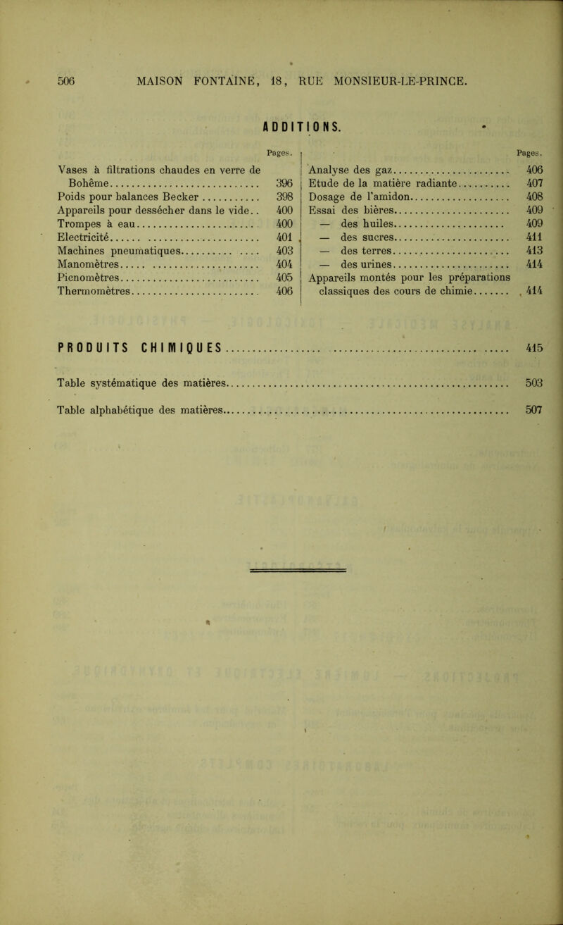 ADDITIONS. Pages. Vases à filtrations chaudes en verre de Bohême 396 Poids pour balances Becker 398 Appareils pour dessécher dans le vide.. 400 Trompes à eau 400 Electricité 401 Machines pneumatiques 403 Manomètres 404 Picnomètres 405 Thermomètres 406 j Pages. j Analyse des gaz 406 Etude de la matière radiante 407 Dosage de l’amidon 408 Essai des bières 409 — des huiles 409 . — des sucres 411 — des terres 413 — des urines 414 Appareils montés pour les préparations classiques des cours de chimie ,414 PRODUITS CHIMIQUES 415 Table systématique des matières 503 Table alphabétique des matières 507