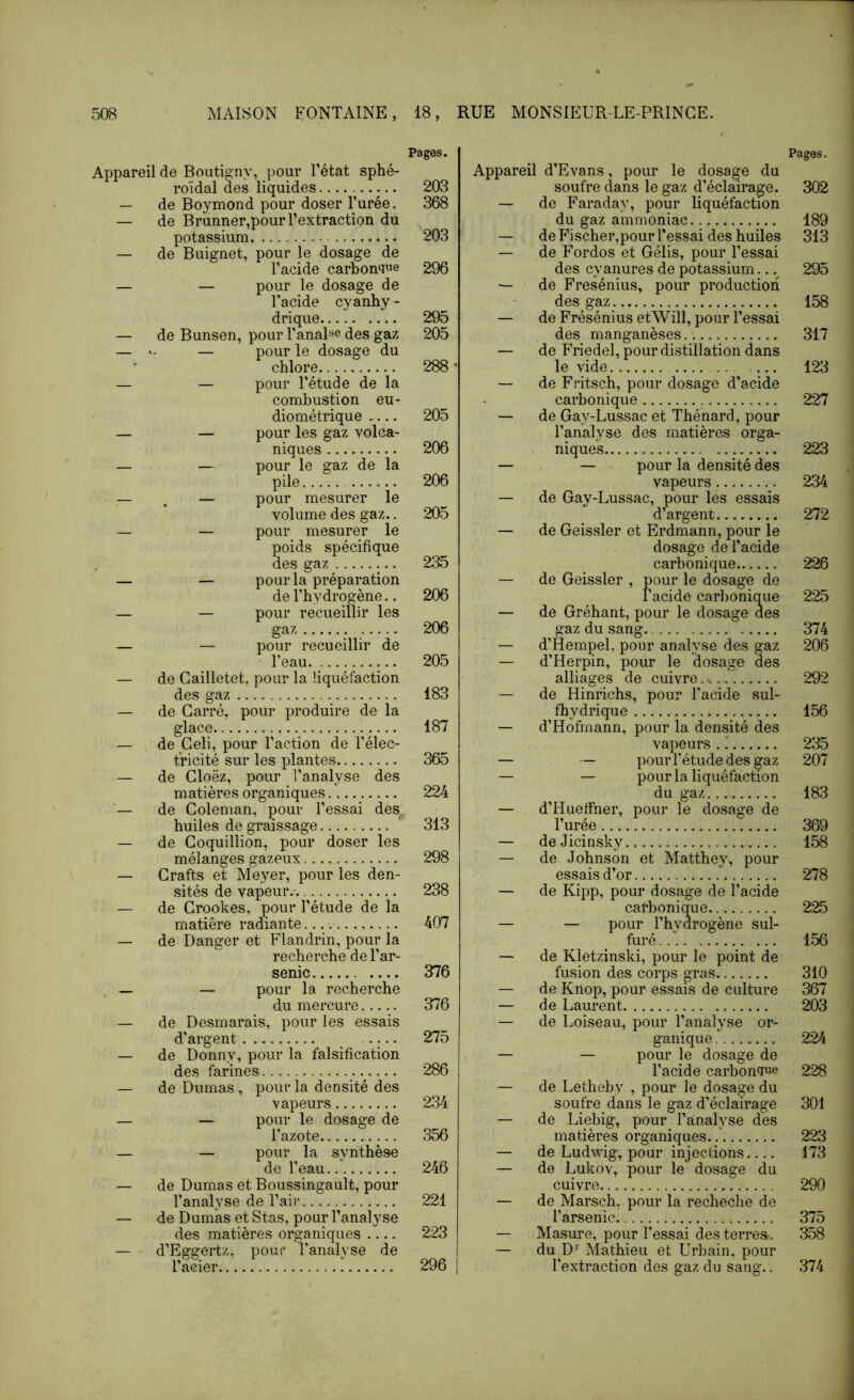 Pages. Appareil de Boutigny, pour l’état sphé- roïdal des liquides 203 — de Boymond pour doser l’urée. 368 — de Brunner,pour l’extraction du potassium 203 — de Buignet, pour le dosage de l’acide carbonque 296 — — pour le dosage de l’acide cyanhy - d ri que 295 — de Bunsen, pour l’anaBe des gaz 205 — — pour le dosage du chlore 288 * — — pour l’étude de la combustion eu- diornétrique 205 — — pour les gaz volca- niques 206 — — pour le gaz de la pile 206 — , — pour mesurer le volume des gaz.. 205 — — pour mesurer le poids spécifique des gaz 235 — —• pour la préparation de l’hydrogène.. 206 — — pour recueillir les gaz 206 — — pour recueillir de l’eau 205 — de Cailletet, pour la liquéfaction des gaz 183 — de Carré, pour produire de la glace 187 — de Geli, pour l’action de l’élec- tricité sur les plantes 365 — de Cloëz, pour l’analyse des matières organiques 224 — de Coleman, pour l’essai des huiles de graissage 313 — de Coquillion, pour doser les mélanges gazeux 298 — Grafts et Meyer, pour les den- sités de vapeur.- 238 — de Grookes, pour l’étude de la matière radiante 407 — de Danger et Flandrin, pour la recherche de l’ar- senic 376 — — pour la recherche du mercure 376 — de Desmarais, pour les essais d’argent 275 — de Donny, pour la falsification des farines 286 — de Dumas , pour la densité des vapeurs 234 — — pour le dosage de l’azote 356 — — pour la synthèse de l’eau.. 246 — de Dumas et Boussingault, pour l’analyse de l’air 221 — de Dumas et Stas, pour l’analyse des matières organiques 223 — d’Eggertz, pour l’analyse de i l’alier..... 296 j Pages. Appareil d’Evans, pour le dosage du soufre dans le gaz d’éclairage. 302 — de Faraday, pour liquéfaction du gaz ammoniac 189 — de Fischer,pour l’essai des huiles 313 — de Fordos et Gélis, pour l’essai des cyanures de potassium.. 295 — de Fresénius, pour production des gaz 158 — de Frésénius etWill, pour l’essai des manganèses 317 — de Friedel, pour distillation dans le vide 123 — de Fritsch, pour dosage d’acide carbonique 227 — de Gay-Lussac et Thénard, pour l’analyse des matières orga- niques 223 — — pour la densité des vapeurs 234 — de Gay-Lussac, pour les essais d’argent 272 — de Geissler et Erdmann, pour le dosage de l’acide carbonique 226 — de Geissler , pour le dosage de l’acide carbonique 225 — de Gréhant, pour le dosage des gaz du sang. 374 — d’Hempel, pour analyse des gaz 206 — d’Herpin, pour le dosage des alliages de cuivre 292 — de Hinrichs, pour l’acide sul- fhydrique 156 — d’Hofmann, pour la densité des vapeurs . ' 235 — — pourl’étudedes gaz 207 — — pour la liquéfaction du gaz 183 — d’Huerther, pour le dosage de l’urée 369 — deJicinsky 158 — de Johnson et Matthey, pour essais d’or 278 — de Kipp, pour dosage de l’acide carbonique 225 — — pour l’hydrogène sul- furé . . 156 — de Kletzinski, pour le point de fusion des corps gras 310 — de Knop, pour essais de culture 367 — de Laurent 203 — de Loiseau, pour l’analyse or- ganique 224 pour le dosage de l’acide carbonque 228 — de Letheby , pour le dosage du soufre dans le gaz d’éclairage 301 — de Liebig, pour l’analyse des matières organiques.. 223 — de Ludwig, pour injections 173 — de Lukov, pour le dosage du cuivre 290 — de Marsch, pour la recheche de l’arsenic 375 — Masure, pour l’essai des terres. 358 — du D' Mathieu et Urbain, pour l’extraction des gaz du sang.. 374