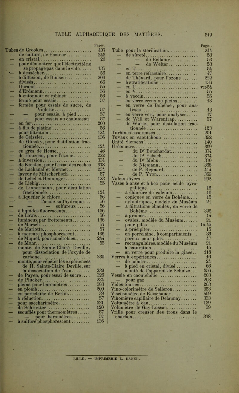 Tubes de Crookes — de culture, de Pasteur — en cristal — pour démontrer que l’électricité ne se propage pas dans le vide •— à dessécner — à diffusion, de Bunsen — divisés — Durand — d’Erdmann — à entonnoir et robinet — fermé pour essais — fermés pour essais de sucre, de Violette — — pour essais, à pied — — pour essais au ^alumeau, — en fer — à fils de platine .... — pour filtration — de Geissler — de Glinsky, pour distillation frac- tionnée — en CTès de Hesse — de Houzeau, pour l’ozone — à inversion — de Kienlen, pour l’essai des roches — de Lachanal et Mermet.. — laveur de Mitscherlisch — de Lebel et Henninger — de Liebig — de Linnermann, pour distillation fractionnée — à liquéfier le chlore — ■ — l’acide sulfhydrique... — — — sulfureux — à liquides fluorescents — de Lowe — lumineux par frottements — deMarsch — de Mariette — à mercure phosphorescent — de Miquel, pour anaérobies — de Mohr — monté, de Sainte-Claire Deville, pour dissociation de l’oxyde de carbone — monté,pour répéter les expériences de H. Sainte-Glaire Deville, sur la dissociation de l’eau — de Payen, pour essai de sucre — de Plucker — pleins pour baromètres — en plomb — en porcelaine de Berlin — à réduction — pour saccharimètre — de Schrœtter — ssoufflés pour thermomètres — — pour baromètres — à sulfure phosphorescent Pages. Tube pour la stérilisation 244 — de sûreté 53 — — de Bellamy 53 — — de Welter 53 — en T 54 — en terre réfractaire 47 — de Thénard, pour l’ozone 222 — à stratifications 136 — en U vii-54 — en V ' 55 — à vaccin 55 — en verre creux ou pleins 13 — en verre de Bohême, pour ana- lyses 13 — en verre vert, pour analyses 17 — de Will et Warentrap 57 — de AVurtz, pour distillation frac- tionnée 123 Turbines-essoreuses 201 Tuyaux en caoutchouc 392 Unité Siemens.' 140 Uréomètre 369 — du D*‘ Bouchardat 374 — du D'- Esbach 374 — du D*‘ Mehu 370 — de Niemann .. 368 — de P. Regnard 414 — de P. Yvon 369 Valets divers. 202 Vases à anse et à bec pour acide pyro- gallique . . 16 — à chlorure de calcium 16 — coniques en verre de Bohême 15 — cylindriques, modèle du Muséum 21 — à filtrations chaudes, en verre de Bohême 396 — à graines 14 — ovales, modèle du Muséum 21 — pour piles 14-45 — à précipiter 15 — en porcelaine, à compartiments . 36 — poreux pour piles 47 — rectangulaires,modèle du Muséum 21 — à saturation 15 — en verre pour produire la glace.. 118 Verres à expériences 16 — de montre 24 — à pied en cristal, divisé 66 — monté de l’appareil de Schulze... 356 Vessie en caoutchouc ’... 203 — pour gaz 203 Vides-touries 203 Vino-colorimètre de Salleron.. 353 Viscosimètre de Reischauer 409 Vihomètre capillaire de Delaunay 353 Voltamètre à eau 139 Volumètre de Gay-Lussac 59 Vrille pour creuser des trous dans le charbon s 378 Pages. 407 243 26 135 56 206 66 55 56 56 57 57 57 57 200 56 ■ 124 136 124 46 222 334 378 234 57 123 55 124 56 56 56 136 56 136 57 57 136 244 55 239 239 326 234 383 200 38 57 331 120 57 57 136 [.ILLE. — I.MPRIMERIE L. DANEL.