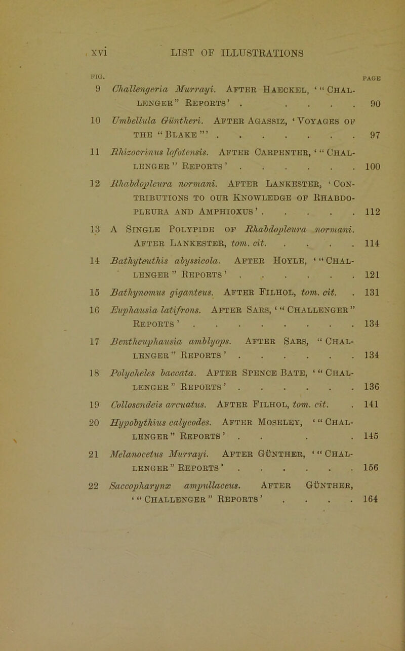 pio. page 9 Challengeria Murrayi. After Haeckel, ‘ “ Chal- lenger” Reports’ . .... 90 10 Umbellula Giintlieri. After Agassiz, ‘Voyages of the “Blake”’ 97 11 Rkizocrinus lofotensis. After Carpenter, ‘ “ Chal- lenger ” Reports ’ 100 12 Ilhabdojilewa normani. After Lankester, 1 Con- tributions to our Knowledge of Rhabdo- PLEURA AND AMPHIOXUS ’ 112 13 A Single Polypide of Bhabdopleura normani. After Lankester, tom. tit 114 14 Bathyteutlus abyssicola. After Hoyle, ‘ “ Chal- lenger ” Reports ’ 121 15 Bathynomus giganteus. After Filhol, tom. tit. . 131 1G Evphamia lati/rons. After Sars, ‘ “ Challenger ” Reports ’ 134 17 Bentheupbau&ia amblyops. After Sars, “ Chal- lenger ” Reports ’ 134 18 Polyoheles baocata. After Spence Bate, ‘“Chal- lenger” Reports’ 136 19 Collosendeh arcuatus. After Filhol, tom. tit. . 141 20 Ilyjjobytkius ealycodes. After Moseley, ‘ “ Chal- lenger ” Reports’ . . . .145 21 Melanocetus Murrayi. After Gunther, ‘ “ Chal- lenger” Reports ’ 156 22 Saccopliarynx amjmllaceus. After Gunther, ‘ “ Challenger ” Reports ’ . . . .164