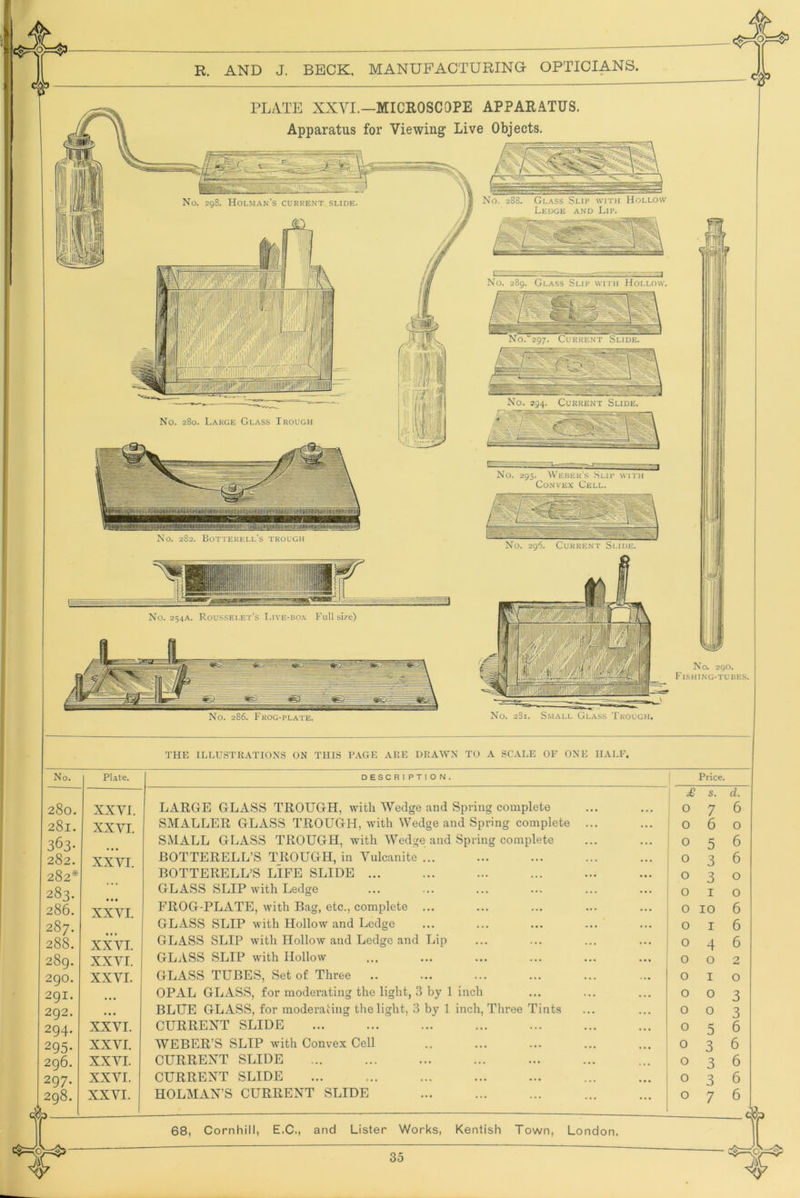 No. Plate. DESCRIPTION. Price. 280. XXVI. LARGE GLASS TROUGH, with Wedge and Spring complete £ 0 s. 7 d. 6 281. XXYT. SMALLER GLASS TROUGH, with Wedge and Spring complete ... ... 0 6 0 363. SMALL GLASS TROUGH, with Wedge and Spring complete ... 0 5 6 282. XXVI. BOTTERELL’S TROUGH, in Vulcanite ... . . « 0 3 6 282* BOTTERELL’S LIFE SLIDE • •• 0 3 0 283. 286. GLASS SLIP with Ledge ... 0 I 0 • • • XXVI. FROG-PLATE, with Bag, etc., complete ... ... 0 10 6 287. 288. GLASS SLIP with Hollow and Ledge . . . 0 I 6 XXVI. GLASS SLIP with Hollow and Ledge and Lip ... 0 4 6 289. XXVI. GLASS SLIP with Hollow ... 0 0 2 290. XXVI. GLASS TUBES, Set of Three .. ... 0 I 0 291. OPAL GLASS, for moderating the light, 3 by 1 inch . . . 0 0 3 292. • • • BLUE GLASS, for moderating the light, 3 by 1 inch. Three Tints . . • 0 0 3 294. XXVI. CURREXT SLIDE . . . 0 5 6 295* XXVI. WEBER’S SLIP with Convex Cell ... 0 3 6 296. XXVI. CURRENT SLIDE . . . 0 3 6 297. XXVI. CURRENT SLIDE ... 0 3 6 298. XXVI. HOLMAN’S CURRENT SLIDE ... 0 7 6 68, Cornhill, E.C., and Lister Works, Kentish Town, London.