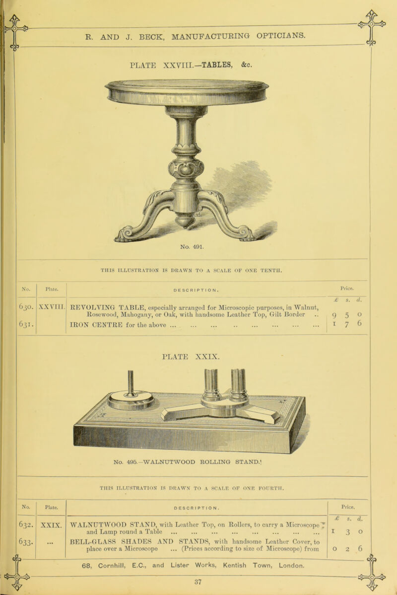 PLATE XXVIII.—TABLES, &c. THIS ILLUSTRATION IS DRAWN TO A SCALE OP ONE TENTH. No. Plate. DESCRIPTION. Price. .£ s. d. 6 JO. XX VIII. REVOLVING TABLE, especially arranged for Microscopic purposes, in Walnut, Rosewood, Mahogany, or Oak, with handsome Leather Top, Gilt Border 9 5 0 631. IRON CENTRE for the above I 7 6 PLATE XXIX. THIS ILLUSTRATION IS DRAWN TO A SCALE OF ONE FOURTH. No. Plate. 632. 633- XXIX. DESCRIPTION. WALXUTAVOOD STAND, with Leather Top, on Rollers, to carry a Microscope and Lamp round a Table BELL-GLASS SHADES AND STANDS, with handsome Leather Cover, to place over a Microscope ... (Prices according to size of Microscope) from 68, Cornhill, E.C., and Lister Works, Kentish Town, London. Price. £. s. d. 130 o