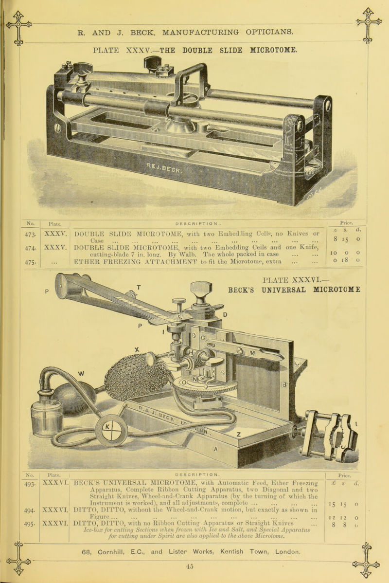 No. Plate. 473- xxx^^ 474- XXXV. 475- , , , DESCRIPTION . DOUBLE SLIDE MICROTOME, with t .vo Embed ling Cells, no Case DOUBLE SLIDE IMICROTOME, witli two Embedding Cells and cutting-blade 7 in. long. By Walb. The whole packed in case ETHER FREE^IXO ATTACHMEXT to fit the Microtome, extra Knives or one Knife, Price. t S. ll. 815 O 10 o o 018 U Plate. 493- XXX\ I. j 494. XXXVI. 495- XXXVI.' i Price. BECK'S UNIVERSAL iMICROTOME, with Aiuoinatic Feed, Ether Ficeziiig Apparatus, Complete Bibbon Cutting Apparatus, two Diagonal and two Straight Knives. 'Whccl-aiuUCrank Apparatus (by the turning of which the Instrument is worked), and all adjustments, complete ... DITTO, DIT'I’O, without tlie AVhccl-and-('rank motion, but exactly as shown in Figure ... DITTO, DITTO, with no Ribbon Cutting Apparatus or Straight Knives Ice-box for enttinrj Sections nlien frozen witli Ice and Salt, cnid Special Ajiparatiis for cutting under Spirit arc also applied to the above Microtome. 68, Cornhill, E.C., and Lister Works, Kentish Town, London. 45 IHATE XXXVI.— BECK’S UNIVERSAL MICROTOME