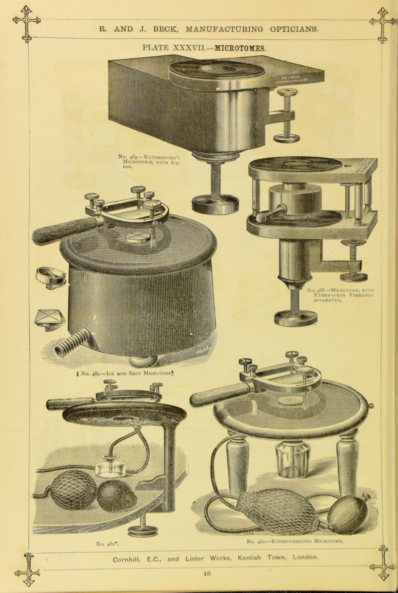 No. 489.—Rutherford’s Microtome, \vnii Ice- box. No. 488. — MiCKOTr.ME, WITH Ether-stray Fkeezino- ATTARATUf. i No. 481.—Ice and Salt Microtome^ PLATE XXXVII.—MICROTOMES. No. 480*. No. 480.—Ethek-freezing Microtome.