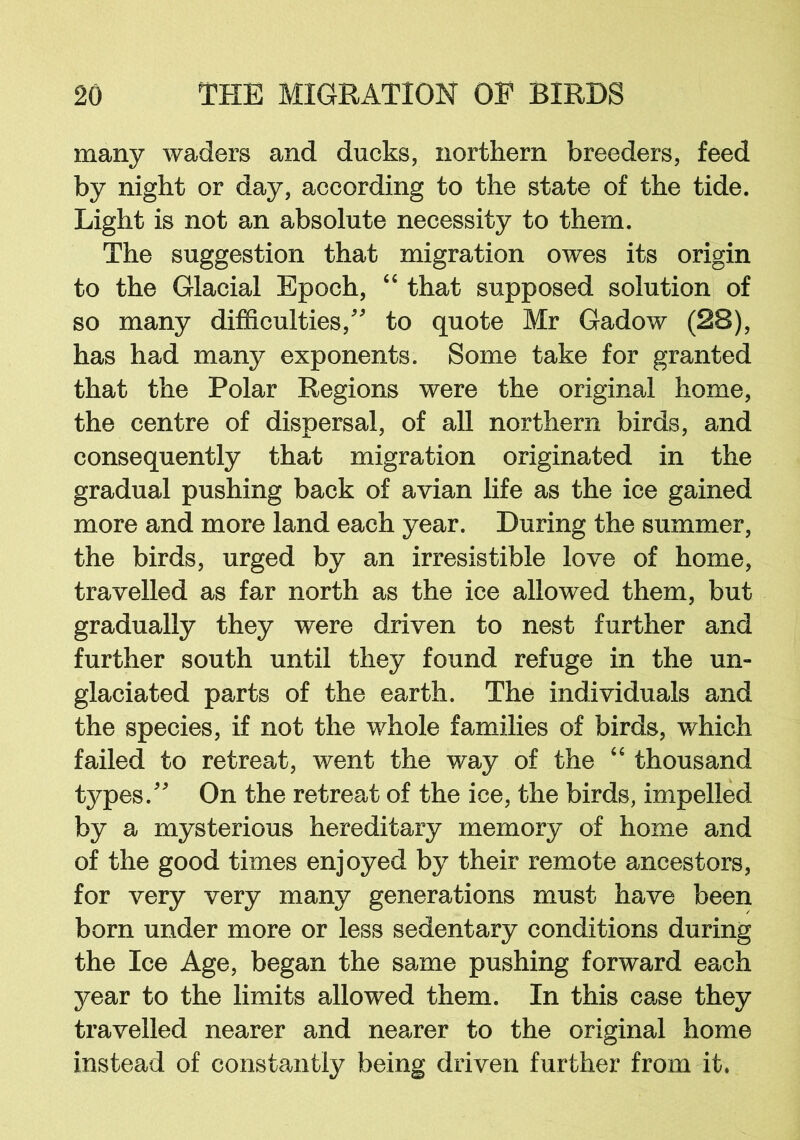 many waders and ducks, northern breeders, feed by night or day, according to the state of the tide. Light is not an absolute necessity to them. The suggestion that migration owes its origin to the Glacial Epoch, “ that supposed solution of so many difficulties/' to quote Mr Gadow (28), has had many exponents. Some take for granted that the Polar Regions were the original home, the centre of dispersal, of all northern birds, and consequently that migration originated in the gradual pushing back of avian life as the ice gained more and more land each year. During the summer, the birds, urged by an irresistible love of home, travelled as far north as the ice allowed them, but gradually they were driven to nest further and further south until they found refuge in the un- glaciated parts of the earth. The individuals and the species, if not the whole families of birds, which failed to retreat, went the way of the “ thousand types. On the retreat of the ice, the birds, impelled by a mysterious hereditary memory of home and of the good times enjoyed by their remote ancestors, for very very many generations must have been born under more or less sedentary conditions during the Ice Age, began the same pushing forward each year to the limits allowed them. In this case they travelled nearer and nearer to the original home instead of constantly being driven further from it.