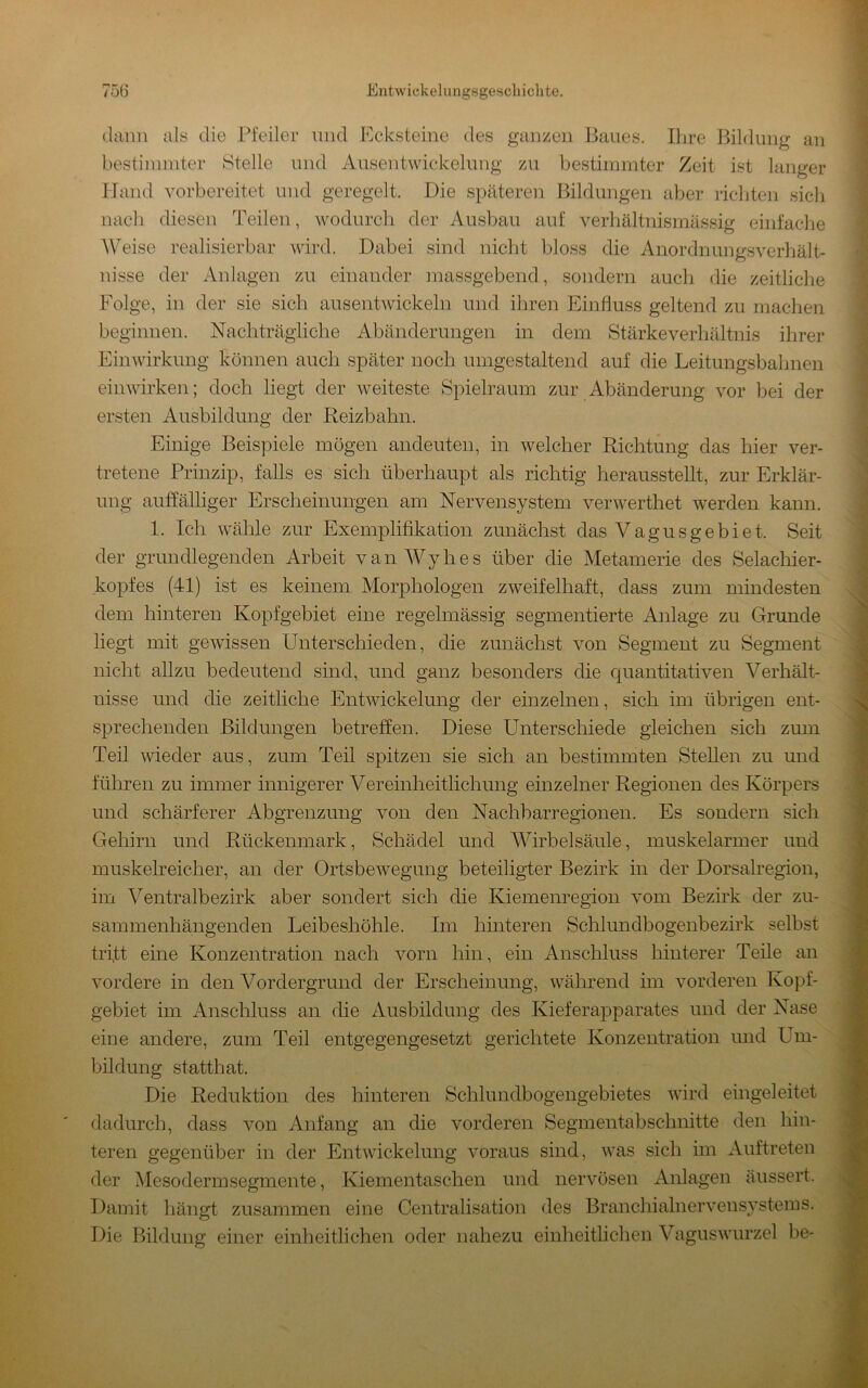 dann als die Pfeiler nnd P^cksteine des ganzen Baues. Ihre Bildung an bestiininter Stelle und Ausentwickelnng zu bestimmter Zeit ist langer Hand vorbereitet und geregelt. Die sp<äteren Bildungen aber richten sich nach diesen Teilen, wodurch der Ausbau auf verhältnismässig einfaclie AVeise realisierbar wird. Dabei sind nicht bloss die AnordnungsVerhält- nisse der Anlagen zu einander massgebend, sondern auch die zeitliclie Folge, in der sie sich ausentwickeln und ihren Einfluss geltend zu machen beginnen. Nachträgliche Abänderungen in dem Stärkeverliältnis ihrer EiiiAvirkung können auch später noch umgestaltend auf die Leitungsbahnen einwirken; doch hegt der weiteste Spielraum zur Abänderung vor bei der ersten Ausbildung der Reizbahn. Einige Beispiele mögen andeuten, in welcher Richtung das hier ver- tretene Prinzip, falls es sich überhaupt als richtig herausstellt, zur Erklär- ung auffälliger Erscheinungen am Nervensystem verwerthet werden kann. 1. Ich wähle znr Exemplifikation zunächst das Vagusgebiet. Seit der grundlegenden Arbeit vanAVyhes über die Metamerie des Selaclher- kopfes (41) ist es keinem Morphologen zweifelhaft, dass znm mindesten dem hinteren Kopf gebiet eine regelmässig segmentierte Anlage zu Grunde hegt mit gewissen Unterschieden, die zunächst von Segment zu Segment nicht allzu bedeutend sind, und ganz besonders die quantitativen Verhält- nisse und die zeitliche Entwickelung der einzelnen, sich im übrigen ent- sprechenden Bildungen betreffen. Diese Unterscliiede gleichen sich zum Teil wieder aus, zum Teil spitzen sie sich an bestimmten Stellen zu und führen zu immer innigerer Vereinheitlichung einzelner Regionen des Körpers nnd schärferer Abgrenzung von den Nachbarregionen. Es sondern sieh Gehirn und Rückenmark, Schädel und Wirbelsäule, muskelarmer und muskelreicher, an der Ortsbewegung beteiligter Bezirk in der Dorsalregiou, im Ventralbezirk aber sondert sich die Kiemenregion vom Bezirk der zu- sammenhängenden Leibeshöhle. Iin hinteren Schlundbogenbezirk selbst trift eine Konzentration nach vorn hin, ein Anschluss hinterer Teile an vordere in den Vordergrund der Erscheinung, während im vorderen Kopf- gebiet im Anschlnss an die Ausbildung des Kieferapparates und der Nase eine andere, zum Teil entgegengesetzt gerichtete Konzentration und Um- bildung statthat. Die Reduktion des hinteren Schlundbogengebietes wird eingeleitet dadurch, dass von Anfang an die vorderen Segmentabschnitte den hin- teren gegenüber in der Entwickelung voraus sind, was sich im Auftreten der Mesodermsegmente, Kiementaschen und nervösen Anlagen äiissert. Damit hängt zusammen eine Centralisation des Branchialnervensystems. Die Bildung einer einheitlichen oder nahezu einheitlichen Vaguswurzel be-