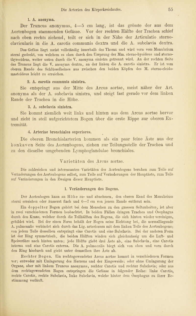 1. A. anonyma. Der Truncus anonymus, 4—5 cm lang, ist das grösste der aus dem Aortenbogen stammenden Gefässe. Vor der rechten Hälfte der Trachea schief nach oben rechts ziehend, teilt er sich in der Nähe der Articulatio sterno- clavicularis in die A. carotis communis dextra und die A. subclavia dextra. Das Gefäss liegt meist vollständig innerhalb des Thorax und wird vorn vom Manubrium sterni gedeckt, von welchem es oben durch den Ursprung der Mm. sterno-hyoideus und sterno- thyreoideus, weiter unten durch die Y. anonyma sinistra getrennt wird. An der rechten Seite des Truncus liegt die V. anon3rma dextra, an der linken die A. carotis sinistra. Er ist vom oberen Rande des Schlüsselbeines aus zwischen den beiden Köpfen des M. sterno-cleido- mastoideus leicht zu erreichen. 2. A. carotis communis sinistra. Sie entspringt aus der Mitte des Arcus aortae, meist näher der Art. anonyma als der A. subclavia sinistra, und steigt fast gerade vor dem linken Rande der Trachea in die Höhe. 3. A. subclavia sinistra. Sie kommt ziemlich weit links und hinten aus dem Arcus aortae hervor und zieht in steil aufgerichtetem Bogen über die erste Rippe zur oberen Ex- tremität. 4. Arteriae bronchiales superiores. Die oberen Bronchialarterien kommen als ein paar feine Äste aus der konkaven Seite des Aortenbogens, ziehen zur Teilungsstelle der Trachea und zu den dieselbe umgebenden Lymphoglandulae bronchiales. Varietäten des Arcus aortae. Die zahlreichen und interessanten Varietäten des Aortenbogens beruhen zum Teile auf Veränderungen des Aortenbogens selbst, zum Teile auf Veränderungen der Hauptäste, zum Teile auf Veränderungen in den Zweigen dieser Hauptäste. 1. Veränderungen des Bogens. Der Aortenbogen kann an Höhe zu- und abnehmen, den oberen Rand des Manubrium sterni erreichen oder äusserst flach und 0—7 cm von jenem Rande entfernt sein. Ein doppelter Bogen gehört bei dem Menschen zu den grossen Seltenheiten, ist aber in zwei verschiedenen Formen beobachtet. In beiden Fällen dringen Trachea und Ösophagus durch den Kranz, welcher durch die Teilhälften des Bogens, die sich hinten wieder vereinigen, gebildet wird. Bei der einen Form behält der Bogen seine Richtung bei, die normalliegende A. pulmonalis verbindet sich durch das Lig. arteriosum mit dem linken Teile des Aortenbogens; von jedem Teile desselben entspringt eine Carotis und eine Subclavia. Bei der anderen Form ist der Ring symmetrisch, die beiden Hälften winden sich gleichmässig um die Luft- und Speiseröhre nach hinten unten; jede Hälfte giebt drei Äste ab, eine Subclavia, eine Carotis interna und eine Carotis externa. Die A. pulmonalis biegt sich von oben und vorn durch den Ring hindurch und giebt unter demselben ihre Äste ab. Rechter Bogen. Ein rechtsgewendeter Arcus aortae kommt in verschiedenen Formen vor; entweder mit Umlagerung des Herzens und der Eingeweide; oder ohne Umlagerung der Organe, aber mit linkem Truncus anonymus, rechter Carotis und rechter Subclavia; oder aus dem rechtsgewendeten Bogen entspringen die Gefässe in folgender Reihe: linke Carotis, rechte Carotis, rechte Subclavia, linke Subclavia, welche hinter dem Ösophagus zu ihrer Be- stimmung verläuft.