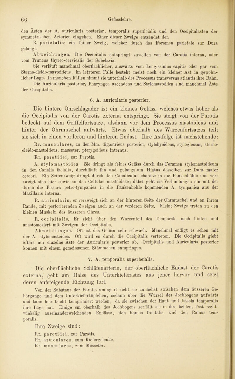 den Ästen der A. auricularis posterior, temporalis superficialis und den Occipitalästen der symmetrischen Arterien eingehen. Einer dieser Zweige entsendet den R. parietalis; ein feiner Zweig, welcher durch das Foramen parietale zur Dura gelangt. Abweichungen. Die Occipitalis entspringt zuweilen von der Carotis interna, oder vom Truncus thyreo-cervicalis der Subclavia. Sie verläuft manchmal oberflächlicher, auswärts vom Longissimus capitis oder gar vom Sterno-cleido-mastoideus; im letzteren Falle besteht meist noch ein kleiner Ast in gewöhn- licher Lage. In manchen Fällen nimmt sie unterhalb des Processus transversus atlantis ihre Bahn. Die Auricularis posterior, Pharyngea ascendens und Stylomastoidea sind manchmal Äste der Occipitalis. 6. A. auricularis posterior. Die hintere Ohrschlagader ist ein kleines Gefäss, welches etwas höher als die Occipitalis von der Carotis externa entspringt. Sie steigt von dei* Parotis bedeckt auf dem Griffelfortsatze, alsdann vor dem Processus mastoideus und hinter der Ohrmuschel aufwärts. Etwas oberhalb des Warzenfortsatzes teilt sie sich in einen vorderen und hinteren Endast. Ihre Astfolge ist nachstehende: Rr. musculares, zu den Mm. digastricus posterior, stylohyoideus, styloglossus, sterno- cleido-mastoideus, masseter, pterygoideus internus. Rr. parotidei, zur Parotis. A. stylomastoidea. Sie dringt als feines Gefäss durch das Foramen stylomastoideum in den Canalis facialis, durchläuft ihn und gelangt am Hiatus desselben zur Dura mater cerebri. Ein Seitenzweig dringt durch den Canaliculus chordae in die Paukenhöhle und ver- zweigt sich hier sowie an den Cellulae mastoideae; dabei geht sie Verbindungen ein mit der durch die Fissura petro-tympanica in die Paukenhöhle kommenden A. tvmpanica aus der Maxillaris interna. R. auricularis; er verzweigt sich an der hinteren Seite der Ohrmuschel und an ihrem Rande, mit perforierenden Zweigen auch an der vorderen Seite. Kleine Zweige treten zu den kleinen Muskeln des äusseren Ohres. R. occipitalis. Er zieht über den Warzenteil des Temporale nach hinten und anastomosiert mit Zweigen der Occipitalis. Abweichungen. Oft ist das Gefäss sehr schwach. Manchmal endigt es schon mit der A. stylomastoidea. Oft wird es durch die Occipitalis vertreten. Die Occipitalis giebt öfters nur einzelne Äste der Auricularis posterior ab. Occipitalis und Auricularis posterior können mit einem gemeinsamen Stämmchen entspringen. 7. A. temporalis superficialis. Die oberflächliche Schläfenarterie, der oberflächliche Endast der Carotis externa, geht am Halse des Unterkieferastes aus jener hervor und setzt deren aufsteigende Richtung fort. Von der Substanz der Parotis umlagert zieht sie zunächst zwischen dem äusseren Ge- hörgange und dem Unterkieferköpfchen, sodann über die Wurzel des Jochbogens aufwärts und kann hier leicht komprimiert werden, da sie zwischen der Haut und Fascia temporalis ihre Lage hat. Einige cm oberhalb des Jochbogens zerfällt sie in ihre beiden, fast recht- winkelig auseinanderweichenden Endäste, den Ramus frontalis und den Ramus tem- poralis. Ihre Zweige sind: Rr. parotidei, zur Parotis. Rr. articulares, zum Kiefergelenke. Rr. musculares. zum Masseter.