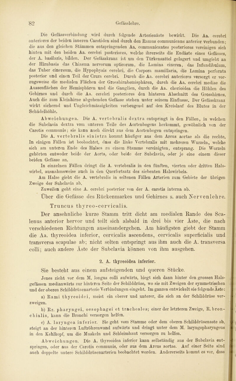 Die Gefäss Verbindung wird durch folgende Arterienäste bewirkt. Die Aa. cerebri anteriores der beiden inneren Carotiden sind durch den Ramus communicans anterior verbunden; die aus den gleichen Stämmen entspringenden Aa. communicantes posteriores vereinigen sich hinten mit den beiden Aa. cerebri posteriores, welche ihrerseits die Endäste eines Gefässes, der A. basilaris, bilden. Der Gefässkranz ist um den Türkensattel gelagert und umgiebt an der Hirnbasis das Chiasma nervorum opticorum, die Lamina cinerea, das Infundibulum, das Tuber cinereum, die Hypophysis cerebri, die Corpora mamillaria, die Lamina perforata posterior und einen Teil der Crura cerebri. Durch die Aa. cerebri anteriores versorgt er vor- zugsweise die medialen Flächen der Grosshirnhemisphären, durch die Aa. cerebri mediae die Aussenflächen der Hemisphären und die Ganglien, durch die Aa. chorioidea die Höhlen des Gehirnes und durch die Aa. cerebri posteriores den hinteren Abschnitt des Grosshirnes. Auch die zum Kleinhirne abgehenden Gefässe stehen unter seinem Einflüsse. Der Gefässkranz wirkt sichernd und Ungleichmässigkeiten vorbeugend auf den Kreislauf des Blutes in der Schädelhöhle. Abweichungen. Die A. vertebralis dextra entspringt in den Fällen, in welchen die Subclavia dextra vom unteren Teile des Aortenbogens herkommt, gewöhnlich von der Carotis communis; sie kann auch direkt aus dem Aortenbogen entspringen. Die A. vertebralis sinistra kommt häufiger aus dem Arcus aortae als die rechte. In einigen Fällen ist beobachtet, dass die linke Vertebralis mit mehreren Wurzeln, welche sich am unteren Ende des Halses zu einem Stamme vereinigten, entsj>rang. Die Wurzeln gehörten entweder beide der Aorta, oder beide der Subclavia, oder je eine einem dieser beiden Gefässe an. In einzelnen Fällen dringt die A. vertebralis in den fünften, vierten oder dritten Hals- wirbel, ausnahmsweise auch in den Querfortsatz des siebenten Halswirbels. Am Halse giebt die A. vertebralis in seltenen Fällen Arterien zum Gebiete der übrigen Zweige der Subclavia ab. Zuweilen geht eine A. cerebri posterior von der A. carotis interna ab. Über die Gefässe des Rückenmarkes und Gehirnes s. auch Nervenlehre. Truncus thyreo-cervicalis. Der ansehnliche kurze Stamm tritt dicht am medialen Rande des Sca- lenus anterior hervor und teilt sich alsbald in drei bis vier Äste, die nach verschiedenen Richtungen auseinandergehen. Am häutigsten giebt der Stamm die Aa. thyreoidea inferior, cervicalis ascendens, cervicalis superficialis und transversa scapulae ab; nicht selten entspringt aus ihm auch die A. transversa colli; auch andere Äste der Subclavia können von ihm ausgehen. 2. A. thyreoidea inferior. Sie besteht aus einem aufsteigenden und queren Stücke. Jenes zieht vor dem M. longus colli aufwärts, biegt sich dann hinter den grossen Hals- gefässen medianwärts zur hinteren Seite der Schilddrüse, wo sie mit Zweigen der symmetrischen und der oberen Schilddrüsenarterie Verbindungen eingeht. Im ganzen entwickelt sie folgende Aste: a) Rami thyreoidei, meist ein oberer und unterer, die sich an der Schilddrüse ver- zweigen. b) Rr. pharyngei, oesophagei et tracheales; einer der letzteren Zweige, R.bron- chialis, kann die Bronchi versorgen helfen. c) A. laryngea inferior. Sie geht vom Stamme oder dem oberen Schilddrüsenaste ab, steigt an der hinteren Luftröhrenwand aufwärts und dringt unter dem M. laryngopliaryngeus in den Kehlkopf, um die Muskeln und Schleimhaut versorgen zu helfen. Abweichungen. Die A. thyreoidea inferior kann selbständig aus der Subclavia ent- springen, oder aus der Carotis communis, oder aus dem Arcus aortae. Auf einer Seite sind auch doppelte untere Schilddrüsenarterien beobachtet worden. Andererseits kommt es vor, dass