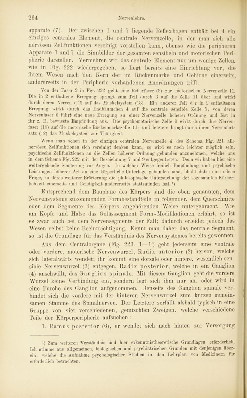 apparate (7). Der zwischen 1 nnd 7 liegende Reflex bogen enthält bei 4 ein einziges centrales Element, die centrale Nervenzelle, in der man sich alle nervösen Zellfunktionen vereinigt vorstellen kann, ebenso wie die peripheren Apparate 1 und 7 die Sinnbilder der gesamten sensibeln und motorischen Peri- pherie darstellen. Vermehren wir das centrale Element nur um wenige Zellen, wie in Fig. 222 wiedergegeben, so liegt bereits eine Einrichtung vor, die ihrem Wesen nach 'den Kern der im Rückenmarke und Gehirne einerseits, andererseits in der Peripherie vorhandenen Anordnungen trifft. Von der Faser 2 in Fig. 222 geht eine Reflexfaser (3) zur motorischen Nervenzelle 11. Die in 2 enthaltene Erregung springt znm Teil durch 3 auf die Zelle 11 über und wirkt durch deren Nerven (12) auf das Muskelsystem (13). Ein anderer Teil d* r in 2 enthaltenen Erregung wirkt durch das Endbäumchen 4 auf die centrale sensible Zelle 5; von deren Nervenfaser 6 führt eine neue Erregung zu einer Nervenzelle höherer Ordnung und löst in ihr z. B. bewusste Empfindung aus. Die psychomotorische Zelle 9 wirkt durch ihre Nerven- faser (10) auf die motorische Rückenmarkszelle 11; und letztere bringt durch ihren Nervenfort- satz (12) das Muskelsystem zur Thätigkeit. Wenn man schon in der einzigen centralen Nervenzelle 4 des Schema Fig. 221 alle nervösen Zellfunktionen sich vereinigt denken kann, so wird es noch leichter möglich sein, psychische Zellfunktionen an die Zellen höherer Ordnung gebunden anzunehmen, welche uns in dem Schema Fig. 222 mit der Bezeichnung 7 und 9 entgegentreten. Denn wir haben hier eine weitergehende Sonderung vor Augen. In welcher Weise freilich Empfindung und psychische Leistungen höherer Art an eine körperliche Unterlage gebunden sind, bleibt dabei eine offene Frage, zu deren weiterer Erörterung die philosophische Untersuchung der sogenannten Körper- lichkeit einerseits und Geistigkeit andererseits stattzufinden hat. 0 Entsprechend dem Bauplane des Körpers sind die oben genannten, dem Nervensysteme zukommenden Formbestandteile in folgender, dem Querschnitte oder dem Segmente des Körpers angehörenden Weise untergebracht. Wie am Kopfe und Halse das Gefässsegment Form-Modifikationen erfährt, so ist es zwar auch bei dem Nervensegmente der Fall; dadurch erleidet jedoch das Wesen selbst keine Beeinträchtigung. Kennt man daher das neurale Segment, so ist die Grundlage für das Verständnis des Nervensystemes bereits gewonnen. Aus dem Centralorgane (Fig. 223, 1—P) geht jederseits eine ventrale oder vordere, motorische Nervenwurzel, Radix anterior (2) hervor, welche sich lateralwärts wendet; ihr kommt eine dorsale oder hintere, wesentlich sen- sible Nervenwurzel (3) entgegen, Radix posterior, welche in ein Ganglion (4) anschwillt, das Ganglion spinale. Mit diesem Ganglion geht die vordere Wurzel keine Verbindung ein, sondern legt sich ihm nur an, oder wird in eine Furche des Ganglion aufgenommen. Jenseits des Ganglion spinale ver- bindet sich die vordere mit der hinteren Nervenwurzel zum kurzen gemein- samen Stamme des Spinalnerven. Der Letztere zerfällt alsbald typisch in eine Gruppe von vier verschiedenen, gemischten Zweigen, welche verschiedene Teile der Körperperipherie aufsuchen: 1. Ramus posterior (6), er wendet sich nach hinten zur Versorgung i) Zum weiteren Verständnis sind hier erkenntnistheoretische Grundlagen erforderlich. Ich stimme aus allgemeinen, biologischen und psychiatrischen Gründen mit denjenigen über- ein, welche die Aufnahme psychologischer Studien in den Lehrplan von Medizinern für erforderlich betrachten.