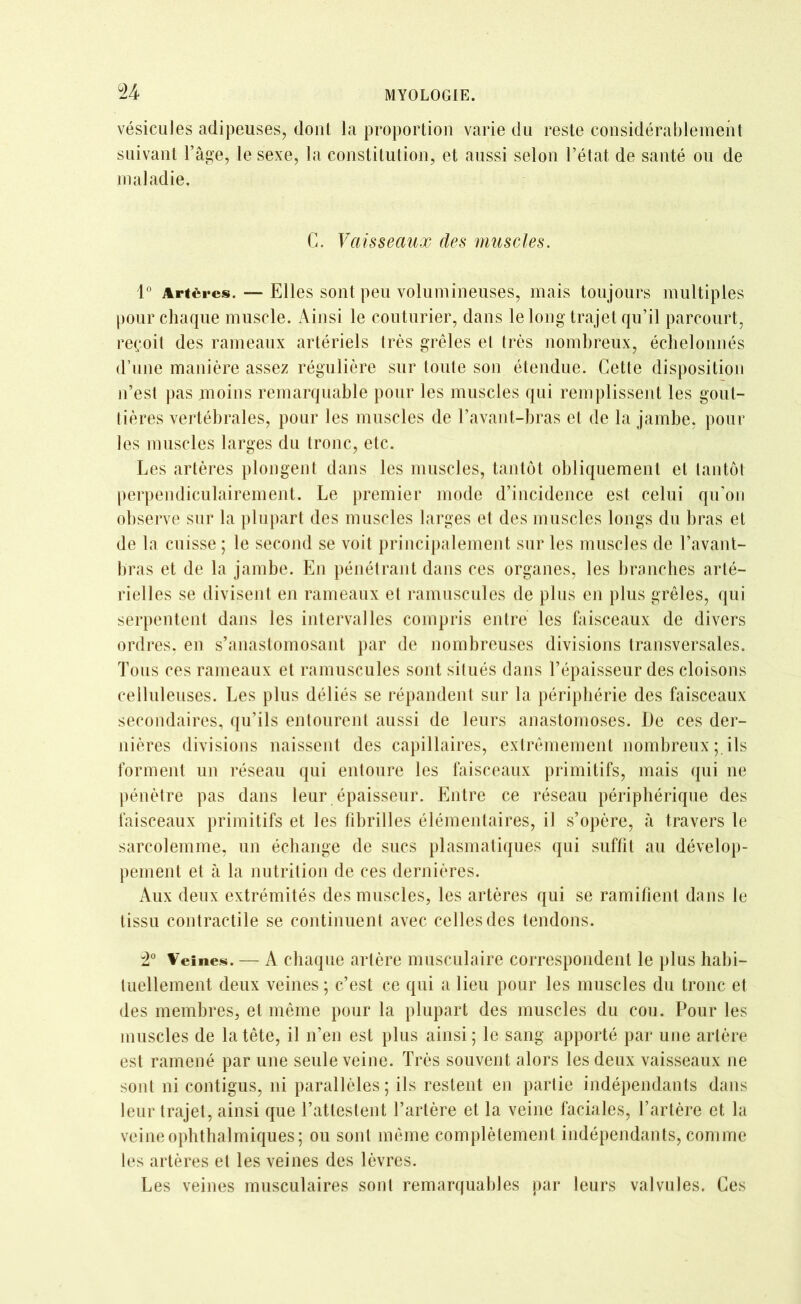 U vésicules adipeuses, dont la proportion varie du reste considérablement suivant l’âge, le sexe, la constitution, et aussi selon l’état de santé ou de maladie. C. Vaisseaux des muscles. 1° Artères. — Elles sont peu volumineuses, mais toujours multiples pour chaque muscle. Ainsi le couturier, dans le long trajet qu’il parcourt, reçoit des rameaux artériels très grêles et très nombreux, échelonnés d’une manière assez régulière sur toute son étendue. Cette disposition n’est pas moins remarquable pour les muscles qui remplissent les gout- tières vertébrales, pour les muscles de l’avant-bras et de la jambe, poul- ies muscles larges du tronc, etc. Les artères plongent dans les muscles, tantôt obliquement et tantôt perpendiculairement. Le premier mode d’incidence est celui qu’on observe sur la plupart des muscles larges et des muscles longs du bras et de la cuisse; le second se voit principalement sur les muscles de l’avant- bras et de la jambe. En pénétrant dans ces organes, les branches arté- rielles se divisent en rameaux et minuscules de plus en plus grêles, qui serpentent dans les intervalles compris entre les faisceaux de divers ordres, en s’anastomosant par de nombreuses divisions transversales. Tous ces rameaux et ramuscules sont situés dans l’épaisseur des cloisons celluleuses. Les plus déliés se répandent sur la périphérie des faisceaux secondaires, qu’ils entourent aussi de leurs anastomoses. De ces der- nières divisions naissent des capillaires, extrêmement nombreux; ils forment un réseau qui entoure les faisceaux primitifs, mais qui ne pénètre pas dans leur épaisseur. Entre ce réseau périphérique des faisceaux primitifs et les fibrilles élémentaires, il s’opère, à travers le sarcolemme, un échange de sucs plasmatiques qui suffit au dévelop- pement et à la nutrition de ces dernières. Aux deux extrémités des muscles, les artères qui se ramifient dans le tissu contractile se continuent avec celles des tendons. 2° Veines. — A chaque artère musculaire correspondent le plus habi- tuellement deux veines ; c’est ce qui a lieu pour les muscles du tronc et des membres, et même pour la plupart des muscles du cou. Pour les muscles de la tête, il n’en est plus ainsi ; le sang apporté par une artère est ramené par une seule veine. Très souvent alors les deux vaisseaux ne sont ni contigus, ni parallèles; ils restent en partie indépendants dans leur trajet, ainsi que l’attestent l’artère et la veine faciales, l’artère et la veine ophthalmiques; ou sont même complètement indépendants, comme les artères et les veines des lèvres. Les veines musculaires sont remarquables par leurs valvules. Ces