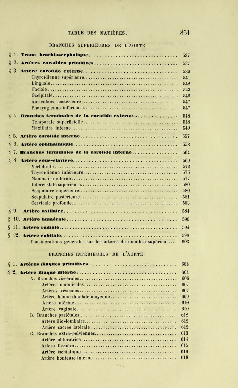 BRANCHES SUPÉRIEURES DE l’AORTE § 1. Tronc brachio-céphalique 537 § 2. Artères carotides primitives 537 § 3. Artère carotide externe 539 Thyroïdienne supérieure 541 Linguale 542 Faciale 543 Occipitale 546 Auriculaire postérieure 547 Pharyngienne inférieure 547 § 4. Branches terminales de la carotide externe 548 Temporale superficielle 548 Maxillaire interne 549 § 5. Artère carotide interne 557 § 6. Artère ophthalmïque 558 § 7. Branches terminales de la carotide interne 564 § 8. Artère sous-clavière 569 Vertébrale 572 Thyroïdienne inférieure 575 Mammaire interne 577 Intercostale supérieure 580 Scapulaire supérieure 580 Scapulaire postérieure 581 Cervicale profonde 583 § 9. Artère axillaire 584 § 10. Artère humérale 590 § 11. Artère radiale 594 § 12. Artère cubitale 598 Considérations générales sur les artères du membre supérieur 603 BRANCHES INFÉRIEURES DE l’AORTE § 1. Artères iliaques primitives 604 § 2. Artère iliaque interne 604 A. Branches viscérales 606 Artères ombilicales 607 Artères vésicales 607 Artère hémorrhoïdale moyenne 609 Artère utérine 610 Artère vaginale 610 B. Branches pariétales 612 Artère ilio-lombaire 612 Artère sacrée latérale 612 C. Branches extra-pelviennes 613 Artère obturatrice 614 Artère fessière 615 Artère ischiatique 616 Artère honteuse interne 618