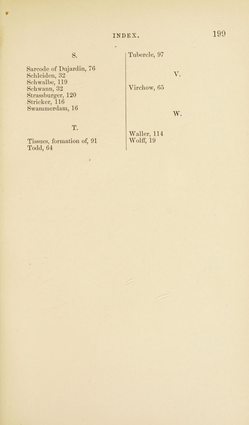 w INDEX. 199 s. Sarcode of Diijardin, 76 Schleiden, 32 Schwalbe, 119 Schwann, 32 Strassburger, 120 Strieker, 116 Swammerdam, 16 T. Tissues, formation of, 91 Todd, 64 Tubercle, 97 V. Virchow, 65 W. Waller, 114 Wolff, 19