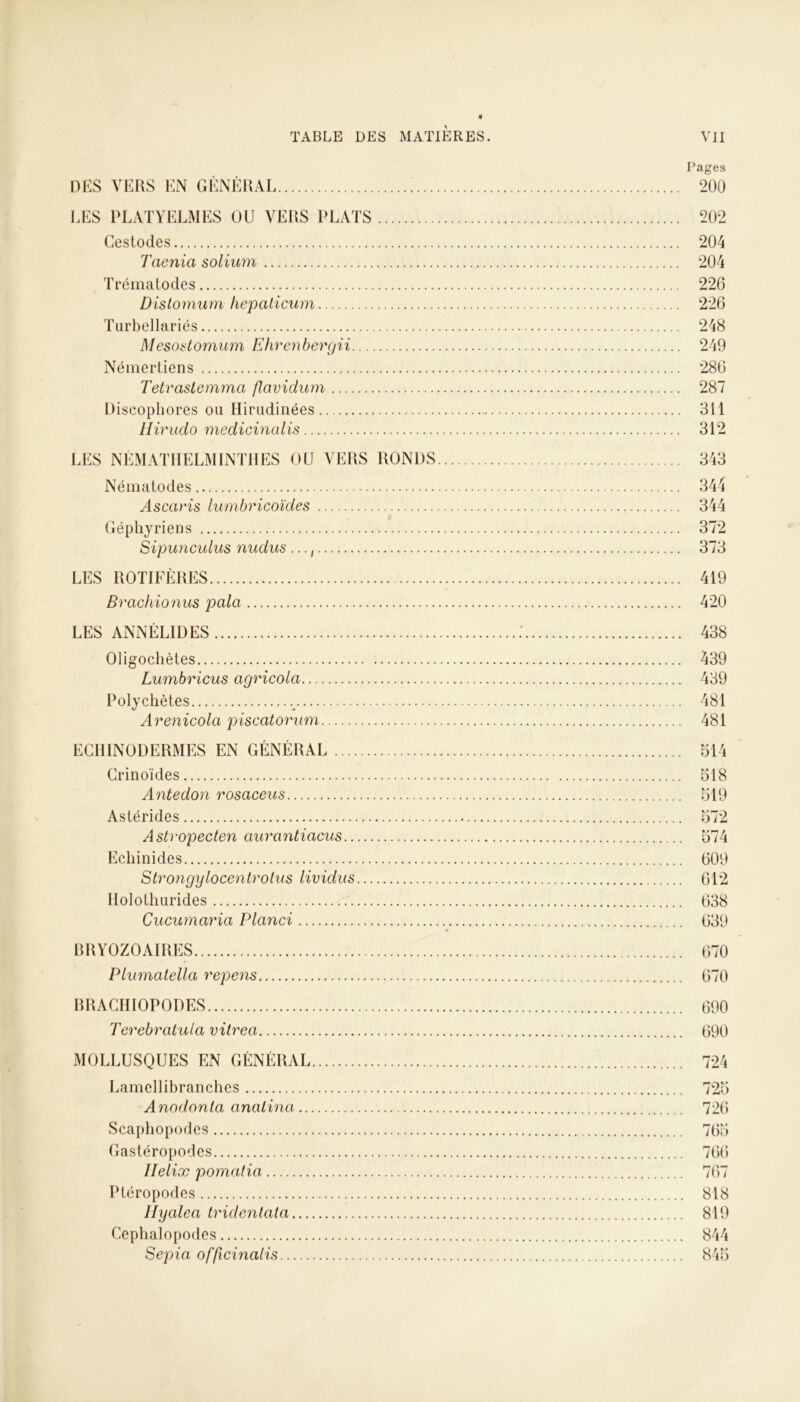 Pages DES VERS EN GÉNÉRAL 200 LES PLATYELMES OU VERS PLATS 202 Gestodes 204 Taenia solium 204 Trématodes 226 Distomum hepaticum 226 Turbellariés 248 Mesostomum Ehrenbergii 249 Némerliens 286 Tetraslemma flavidum 287 Discophores ou Hirudinées 311 Hirudo medicinalis 312 LES NÉMATHELMINTHES OU VERS RONDS 343 Nématodes 344 Ascaris lumbricoïdes 344 Géphyriens 372 Sipunculus nudus 373 LES ROTIFÈRES 419 Brachionus pala 420 LES ANNÉLIDES 438 Oligochètes 439 Lumbricus agricola 439 Polychètes v 481 Arenicola piscatorxim 481 ECIIINODERMES EN GÉNÉRAL 514 Crinoïdes 518 Antedon rosaceus 519 Astérides 572 Astropecten aurantiacus 574 Echinides 609 Strongylocentrolns lividus 612 Iloloihurides 638 Cucumaria Planci 639 BRYOZOAIRES 670 Plumatella repens 670 RRACHIOPODES 690 Terebratula vitrea 690 MOLLUSQUES EN GÉNÉRAL 724 Lamellibranches 725 Anodonta analina 726 Scaphopodes 765 Gastéropodes 766 Ilelix pomatia 767 Ptéropodes 818 Hyalea tridentala 819 Céphalopodes 844 Sepia officinalis 845