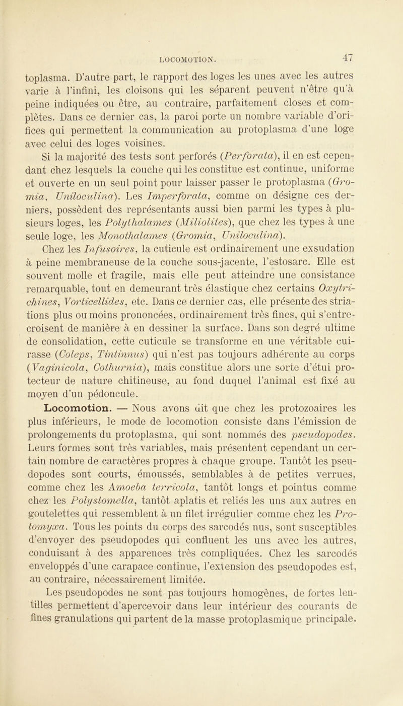 LOCOMOTION. toplasma. D’autre part, le rapport des loges les unes avec les autres varie à l’infini, les cloisons qui les séparent peuvent n’être qu’à peine indiquées ou être, au contraire, parfaitement closes et com- plètes. Dans ce dernier cas, la paroi porte un nombre variable d’ori- fices qui permettent la communication au protoplasma d’une loge avec celui des loges voisines. Si la majorité des tests sont perforés (Perforata), il en est cepen- dant chez lesquels la couche qui les constitue est continue, uniforme et ouverte en un seul point pour laisser passer le protoplasma (Gro- mia, Uniloculina). Les Imperforatci, comme on désigne ces der- niers, possèdent des représentants aussi bien parmi les types à plu- sieurs loges, les Polythalames (Miliolites), que chez les types à une seule loge, les Monothalames (Gromia, Uniloculina). Chez les Infusoires, la cuticule est ordinairement une exsudation à peine membraneuse de la couche sous-jacente, l’estosarc. Elle est souvent molle et fragile, mais elle peut atteindre une consistance remarquable, tout en demeurant très élastique chez certains Oxytri- chines, Vorticellides, etc. Dans ce dernier cas, elle présente des stria- tions plus ou moins prononcées, ordinairement très fines, qui s’entre- croisent de manière à en dessiner la surface. Dans son degré ultime de consolidation, cette cuticule se transforme en une véritable cui- rasse (Coleps, Tintinnus) qui n'est pas toujours adhérente au corps (Vaginicola, Cothurnia), mais constitue alors une sorte d’étui pro- tecteur de nature chitineuse, au fond duquel l’animal est fixé au moyen d’un pédoncule. Locomotion. — Nous avons dit que chez les protozoaires les plus inférieurs, le mode de locomotion consiste dans l’émission de prolongements du protoplasma, qui sont nommés des pseudopodes. Leurs formes sont très variables, mais présentent cependant un cer- tain nombre de caractères propres à chaque groupe. Tantôt les pseu- dopodes sont courts, émoussés, semblables à de petites verrues, comme chez les Amoeba terricola, tantôt longs et pointus comme chez les Polystomella, tantôt aplatis et reliés les uns aux autres en goutelettes qui ressemblent à un filet irrégulier comme chez les Pro- tomyxa. Tous les points du corps des sarcodés nus, sont susceptibles d’envoyer des pseudopodes qui confluent les uns avec les autres, conduisant à des apparences très compliquées. Chez les sarcodés enveloppés d’une carapace continue, l’extension des pseudopodes est, au contraire, nécessairement limitée. Les pseudopodes ne sont pas toujours homogènes, de fortes len- tilles permettent d'apercevoir dans leur intérieur des courants de fines granulations qui partent delà masse protoplasmique principale.