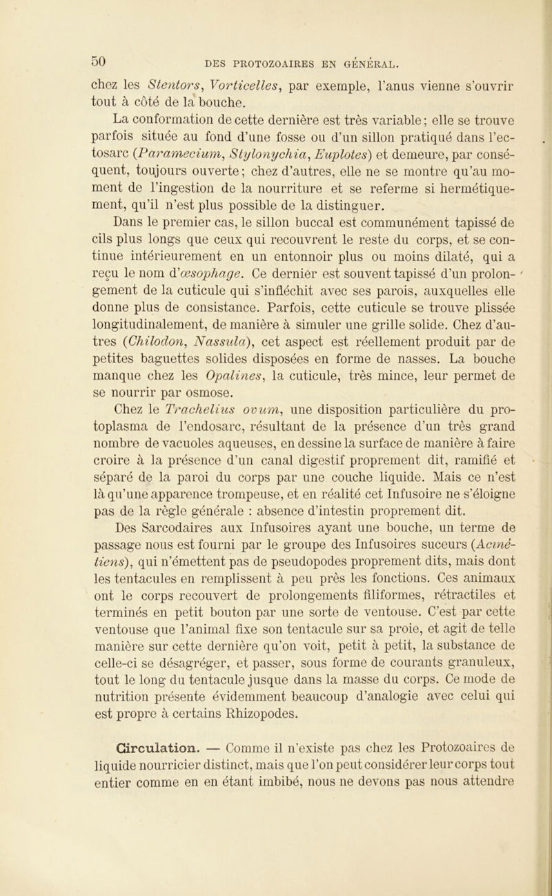 chez les Stentors, Vorticelles, par exemple, l’anus vienne s’ouvrir tout à côté de la bouche. La conformation de cette dernière est très variable ; elle se trouve parfois située au fond d’une fosse ou d’un sillon pratiqué dans l’ec- tosarc (Paramecium, Stylonychia, Euplotes) et demeure, par consé- quent, toujours ouverte; chez d’autres, elle ne se montre qu’au mo- ment de l’ingestion de la nourriture et se referme si hermétique- ment, qu’il n’est plus possible de la distinguer. Dans le premier cas, le sillon buccal est communément tapissé de cils plus longs que ceux qui recouvrent le reste du corps, et se con- tinue intérieurement en un entonnoir plus ou moins dilaté, qui a reçu le nom d'œsophage. Ce dernier est souvent tapissé d’un proion- ' gement de la cuticule qui s’infléchit avec ses parois, auxquelles elle donne plus de consistance. Parfois, cette cuticule se trouve plissée longitudinalement, de manière à simuler une grille solide. Chez d’au- tres (Chilodon, Nassula), cet aspect est réellement produit par de petites baguettes solides disposées en forme de nasses. La bouche manque chez les Opalines, la cuticule, très mince, leur permet de se nourrir par osmose. Chez le Trachelius ovum, une disposition particulière du pro- toplasma de l’endosarc, résultant de la présence d’un très grand nombre de vacuoles aqueuses, en dessine la surface de manière à faire croire à la présence d’un canal digestif proprement dit, ramifié et séparé de la paroi du corps par une couche liquide. Mais ce n’est là qu’une apparence trompeuse, et en réalité cet Infusoire ne s’éloigne pas de la règle générale : absence d’intestin proprement dit. Des Sarcodaires aux Infusoires ayant une bouche, un terme de passage nous est fourni par le groupe des Infusoires suceurs (Acinè- tiens), qui n’émettent pas de pseudopodes proprement dits, mais dont les tentacules en remplissent à peu près les fonctions. Ces animaux ont le corps recouvert de prolongements filiformes, rétractiles et terminés en petit bouton par une sorte de ventouse. C’est par cette ventouse que l’animal fixe son tentacule sur sa proie, et agit de telle manière sur cette dernière qu’on voit, petit à petit, la substance de celle-ci se désagréger, et passer, sous forme de courants granuleux, tout le long du tentacule jusque dans la masse du corps. Ce mode de nutrition présente évidemment beaucoup d’analogie avec celui qui est propre à certains Rhizopodes. Circulation. — Comme il n’existe pas chez les Protozoaires de liquide nourricier distinct, mais que l’on peut considérer leur corps tout entier comme en en étant imbibé, nous ne devons pas nous attendre