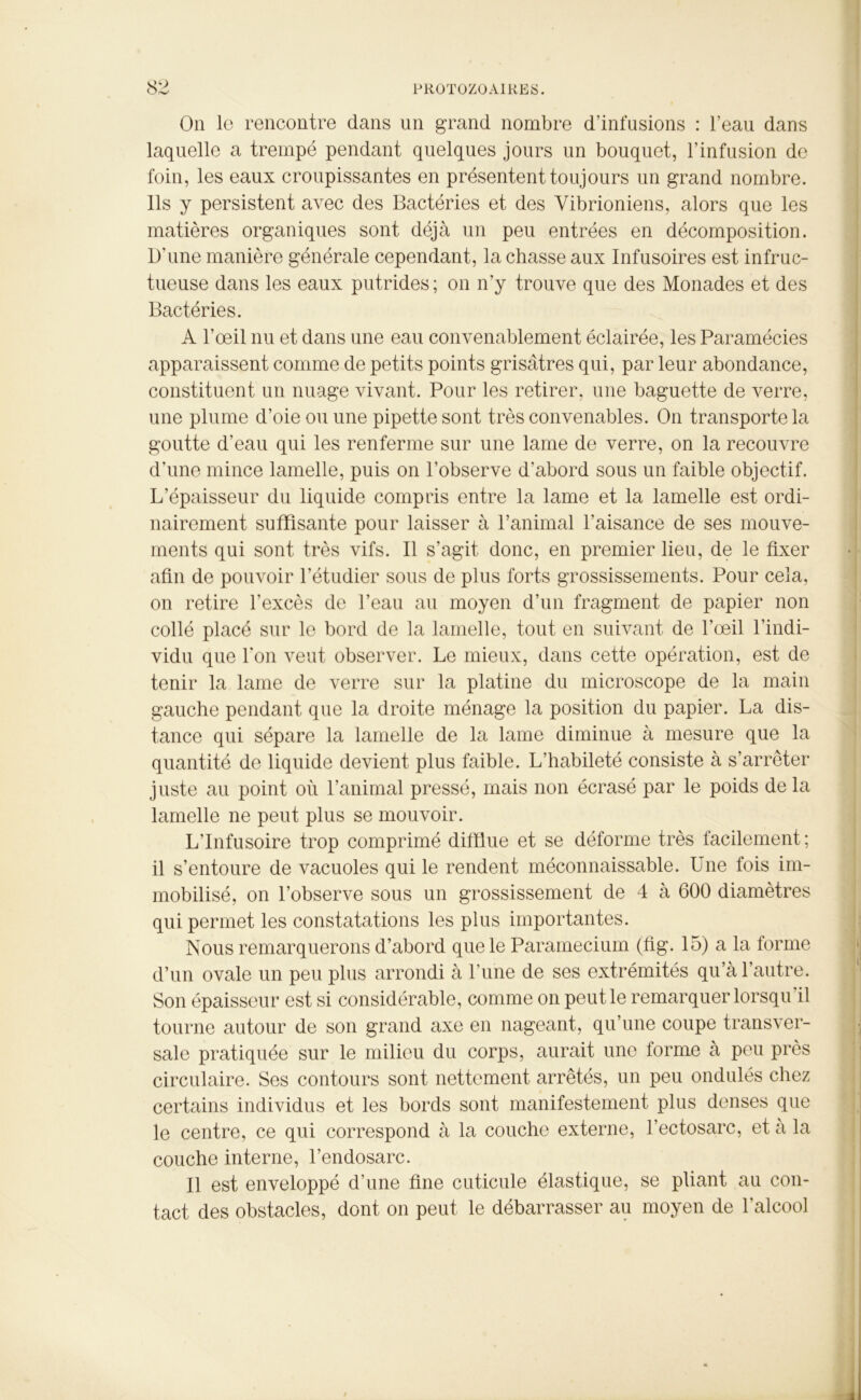 On le rencontre dans un grand nombre d’infusions : l’eau dans laquelle a trempé pendant quelques jours un bouquet, l’infusion de foin, les eaux croupissantes en présentent toujours un grand nombre. Ils y persistent avec des Bactéries et des Vibrioniens, alors que les matières organiques sont déjà un peu entrées en décomposition. D’une manière générale cependant, la chasse aux Infusoires est infruc- tueuse dans les eaux putrides; on n’y trouve que des Monades et des Bactéries. A l’œil nu et dans une eau convenablement éclairée, les Paramécies apparaissent comme de petits points grisâtres qui, par leur abondance, constituent un nuage vivant. Pour les retirer, une baguette de verre, une plume d’oie ou une pipette sont très convenables. On transporte la goutte d’eau qui les renferme sur une lame de verre, on la recouvre d’une mince lamelle, puis on l’observe d'abord sous un faible objectif. L’épaisseur du liquide compris entre la lame et la lamelle est ordi- nairement suffisante pour laisser à l’animal l'aisance de ses mouve- ments qui sont très vifs. Il s’agit donc, en premier lieu, de le fixer afin de pouvoir l’étudier sous de plus forts grossissements. Pour cela, on retire l’excès de l’eau au moyen d’un fragment de papier non collé placé sur le bord de la lamelle, tout en suivant de l’œil l’indi- vidu que l'on veut observer. Le mieux, dans cette opération, est de tenir la lame de verre sur la platine du microscope de la main gauche pendant que la droite ménage la position du papier. La dis- tance qui sépare la lamelle de la lame diminue à mesure que la quantité de liquide devient plus faible. L’habileté consiste à s’arrêter juste au point où l’animal pressé, mais non écrasé par le poids de la lamelle ne peut plus se mouvoir. L’Infusoire trop comprimé diffiue et se déforme très facilement; il s’entoure de vacuoles qui le rendent méconnaissable. Une fois im- mobilisé, on l’observe sous un grossissement de 4 à 600 diamètres qui permet les constatations les plus importantes. Nous remarquerons d’abord que le Paramecium (fig. 15) a la forme d’un ovale un peu plus arrondi à l’une de ses extrémités qu’à l’autre. Son épaisseur est si considérable, comme on peut le remarquer lorsqu'il tourne autour de son grand axe en nageant, qu’une coupe transver- sale pratiquée sur le milieu du corps, aurait une forme à peu près circulaire. Ses contours sont nettement arrêtés, un peu ondulés chez certains individus et les bords sont manifestement plus denses que le centre, ce qui correspond à la couche externe, l’ectosarc, et a la couche interne, l’endosarc. Il est enveloppé d’une fine cuticule élastique, se pliant au con- tact des obstacles, dont on peut le débarrasser au moyen de l'alcool