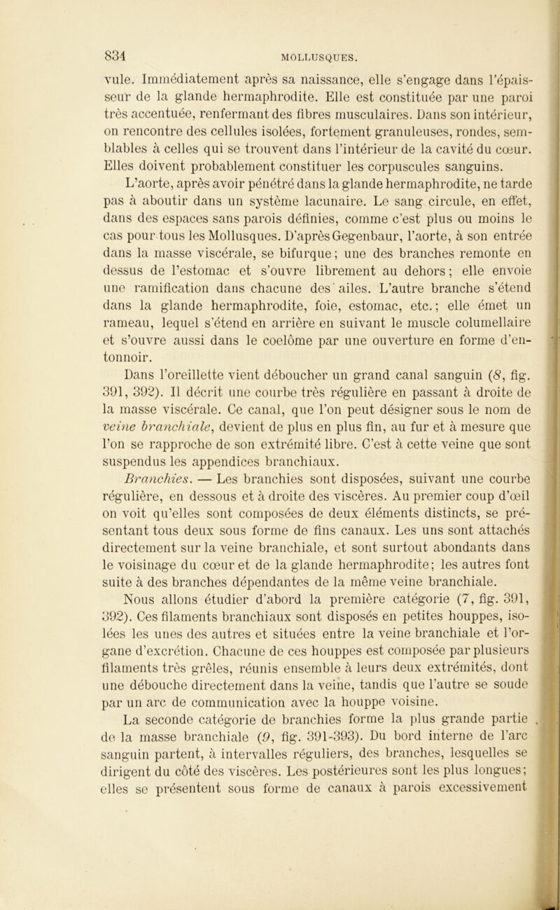 vule. Immédiatement après sa naissance, elle s’engage dans l’épais- seur de la glande hermaphrodite. Elle est constituée par une paroi très accentuée, renfermant des fibres musculaires. Dans son intérieur, on rencontre des cellules isolées, fortement granuleuses, rondes, sem- blables à celles qui se trouvent dans l’intérieur de la cavité du cœur. Elles doivent probablement constituer les corpuscules sanguins. L’aorte, après avoir pénétré dans la glande hermaphrodite, ne tarde pas à aboutir dans un système lacunaire. Le sang circule, en effet, dans des espaces sans parois définies, comme c’est plus ou moins le cas pour tous les Mollusques. D’après Gegenbaur, l’aorte, à son entrée dans la masse viscérale, se bifurque ; une des branches remonte en dessus de l’estomac et s’ouvre librement au dehors ; elle envoie une ramification dans chacune des ailes. L’autre branche s’étend dans la glande hermaphrodite, foie, estomac, etc. ; elle émet un rameau, lequel s’étend en arrière en suivant le muscle columellaire et s’ouvre aussi dans le coelôme par une ouverture en forme d’en- tonnoir. Dans l’oreillette vient déboucher un grand canal sanguin (8, fig. 391, 392). Il décrit une courbe très régulière en passant à droite de la masse viscérale. Ce canal, que l’on peut désigner sous le nom de veine branchiale, devient de plus en plus fin, au fur et à mesure que l’on se rapproche de son extrémité libre. C’est à cette veine que sont suspendus les appendices branchiaux. Branchies. — Les branchies sont disposées, suivant une courbe régulière, en dessous et à droite des viscères. Au premier coup d’œil on voit qu’elles sont composées de deux éléments distincts, se pré- sentant tous deux sous forme de fins canaux. Les uns sont attachés directement sur la veine branchiale, et sont surtout abondants dans le voisinage du cœur et de la glande hermaphrodite; les autres font suite à des branches dépendantes de la même veine branchiale. Nous allons étudier d’abord la première catégorie (7, fig. 391, 392). Ces filaments branchiaux sont disposés en petites houppes, iso- lées les unes des autres et situées entre la veine branchiale et l'or- gane d’excrétion. Chacune de ces houppes est composée par plusieurs filaments très grêles, réunis ensemble à leurs deux extrémités, dont une débouche directement dans la veine, tandis que l’autre se soude par un arc de communication avec la houppe voisine. La seconde catégorie de branchies forme la plus grande partie , de la masse branchiale (9, fig. 391-393). Du bord interne de l’arc sanguin partent, à intervalles réguliers, des branches, lesquelles se dirigent du côté des viscères. Les postérieures sont les plus longues; elles se présentent sous forme de canaux à parois excessivement