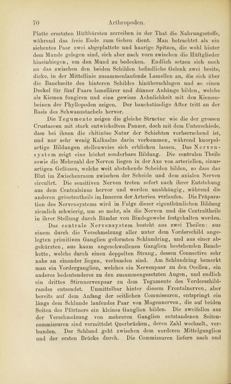 Platte ersetzten Hüftbürsten zerreiben in der That die Nahrangsstoffe, während das freie Ende zum Gehen dient. Man betrachtet als ein siebentes Paar zwei abgeplattete und haarige Spitzen, die wohl hinter dem Munde gelegen sind, sich aber nach vorn zwischen die Hüftglieder hineinbiegen, um den Mund zu bedecken. Endlich setzen sich noch an das zwischen den beiden Schilden befindliche Gelenk zwei breite, dicke, in der Mittellinie zusammenlaufende Lamellen an, die sich über die Bauchseite des hinteren Schildes hinüberschlagen und so einen Deckel für fünf Paare lamellarer und dünner Anhänge bilden, welche als Kiemen fungiren und eine gewisse Aehnlichkeit mit den Kiemen- beinen der Phyllopoden zeigen. Der bauchständige After tritt an der Basis des Schwanzstachels hervor. Die Tegumeilte zeigen die gleiche Structur wie die der grossen Crustaceen mit stark entwickeltem Panzer, doch mit dem Unterschiede, dass bei ihnen die chitinöse Natur der Schichten vorherrschend ist, und nur sehr wenig Kalksalze darin Vorkommen, während knorpel- artige Bildungen stellenweise sich erblicken lassen. Das Nerven- system zeigt eine höchst sonderbare Bildung. Die centralen Theile sowie die Mehrzahl der Nerven liegen in der Axe von arteriellen, sinus- artigen Gefässen, welche weit abstehende Scheiden bilden, so dass das Blut im Zwischenraum zwischen der Scheide und dem axialen Nerven circulirt. Die sensitiven Nerven treten sofort nach ihrer Entstehung aus dem Centralsinus hervor und werden unabhängig, während die anderen grösstentheils im Inneren der Arterien verlaufen. Die Präpara- tion des Nervensystems wird in Folge dieser eigenthümlichen Bildung ziemlich schwierig, um so mehr, als die Nerven und die Centraltheile in ihrer Stellung durch Bänder von Bindegewebe festgehalten werden. Das centrale Nervensystem besteht aus zwei Theilen: aus einem durch die Verschmelzung aller unter dem Vorderschild ange- legten primitiven Ganglien geformten Schlundring, und aus einer ab- gekürzten , aus kaum angeschwollenen Ganglien bestehenden Bauch- kette, welche durch einen doppelten Strang, dessen Connective sehr nahe an einander liegen, verbunden sind. Am Schlundring bemerkt man ein Vorderganglion, welches ein Nervenpaar zu den Ocellen, ein anderes bedeutenderes zu den zusammengesetzten Augen, und endlich ein drittes Stirnnervenpaar zu dem Tegumente des \ orderschild- randes entsendet. Unmittelbar hinter diesem Frontalnerven, aber bereits auf dem Anfang der seitlichen Commissuren, entspringt ein längs dem Schlunde laufendes Paar von Magennerven, die auf beiden Seiten des Pförtners ein kleines Ganglion bilden. Die zweifellos aus der Verschmelzung von mehreren Ganglien entstandenen Seiten- commissuren sind vermittelst Querbrücken, deren Zahl wechselt, ver- bunden. Der Schlund geht zwischen dem vorderen Mittelganglion und der ersten Brücke durch. Die Commissuren liefern nach und