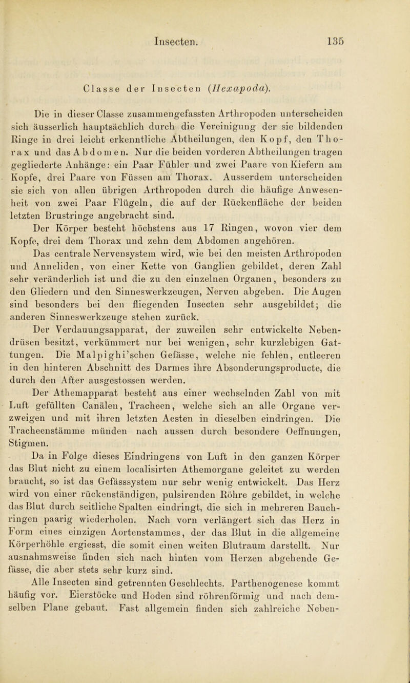 / Classe der Insecten (Jlexapoda). Die in dieser Classe zusammengefassten Arthropoden unterscheiden sich äusserlich hauptsächlich durch die Vereinigung der sie bildenden Ringe in drei leicht erkenntliche Abtheilungen, den Kopf, den Tho- rax und das Abdomen. Nur die beiden vorderen Abtheilungen tragen gegliederte Anhänge: ein Paar Fühler und zwei Paare von Kiefern am Kopfe, drei Paare von Füssen am Thorax. Ausserdem unterscheiden sie sich von allen übrigen Arthropoden durch die häufige Anwesen- heit von zwei Paar Flügeln, die auf der Rückenfläche der beiden letzten Brustringe angebracht sind. Der Körper besteht höchstens aus 17 Ringen, wovon vier dem Kopfe, drei dem Thorax und zehn dem Abdomen angehören. Das centrale Nervensystem wird, wie bei den meisten Arthropoden und Anneliden, von einer Kette von Ganglien gebildet, deren Zahl sehr veränderlich ist und die zu den einzelnen Organen, besonders zu den Gliedern und den Sinneswerkzeugen, Nerven abgeben. Die Augen sind besonders bei den fliegenden Insecten sehr ausgebildet; die anderen Sinneswerkzeuge stehen zurück. Der Verdauungsapparat, der zuweilen sehr entwickelte Neben- drüsen besitzt, verkümmert nur bei wenigen, sehr kurzlebigen Gat- tungen. Die Malpighi’sehen Gefässe, welche nie fehlen, entleeren in den hinteren Abschnitt des Darmes ihre Absonderungsproducte, die durch den After ausgestossen werden. Der Athemapparat besteht aus einer wechselnden Zahl von mit Luft gefüllten Canälen, Tracheen, welche sich an alle Organe ver- zweigen und mit ihren letzten Aesten in dieselben eindringen. Die Tracheenstämme münden nach aussen durch besondere Oeffnunnen, Stigmen. Da in Folge dieses Eindringens von Luft in den ganzen Körper das Blut nicht zu einem localisirten Athemorgane geleitet zu werden braucht, so ist das Gefässsystem nur sehr wenig entwickelt. Das Herz wird von einer rückenständigen, pulsirenden Röhre gebildet, in welche das Blut durch seitliche Spalten eindringt, die sich in mehreren Bauch- ringen paarig wiederholen. Nach vorn verlängert sich das Herz in Form eines einzigen Aortenstammes, der das Blut in die allgemeine Körperhöhle ergiesst, die somit einen weiten Blutraum darstellt. Nur ausnahmsweise finden sich nach hinten vom Herzen abgehende Ge- fässe, die aber stets sehr kurz sind. Alle Insecten sind getrennten Geschlechts. Parthenogenese kommt häufig vor. Eierstöcke und Hoden sind röhrenförmig und nach dem- selben Plane gebaut. Fast allgemein finden sich zahlreiche Neben-
