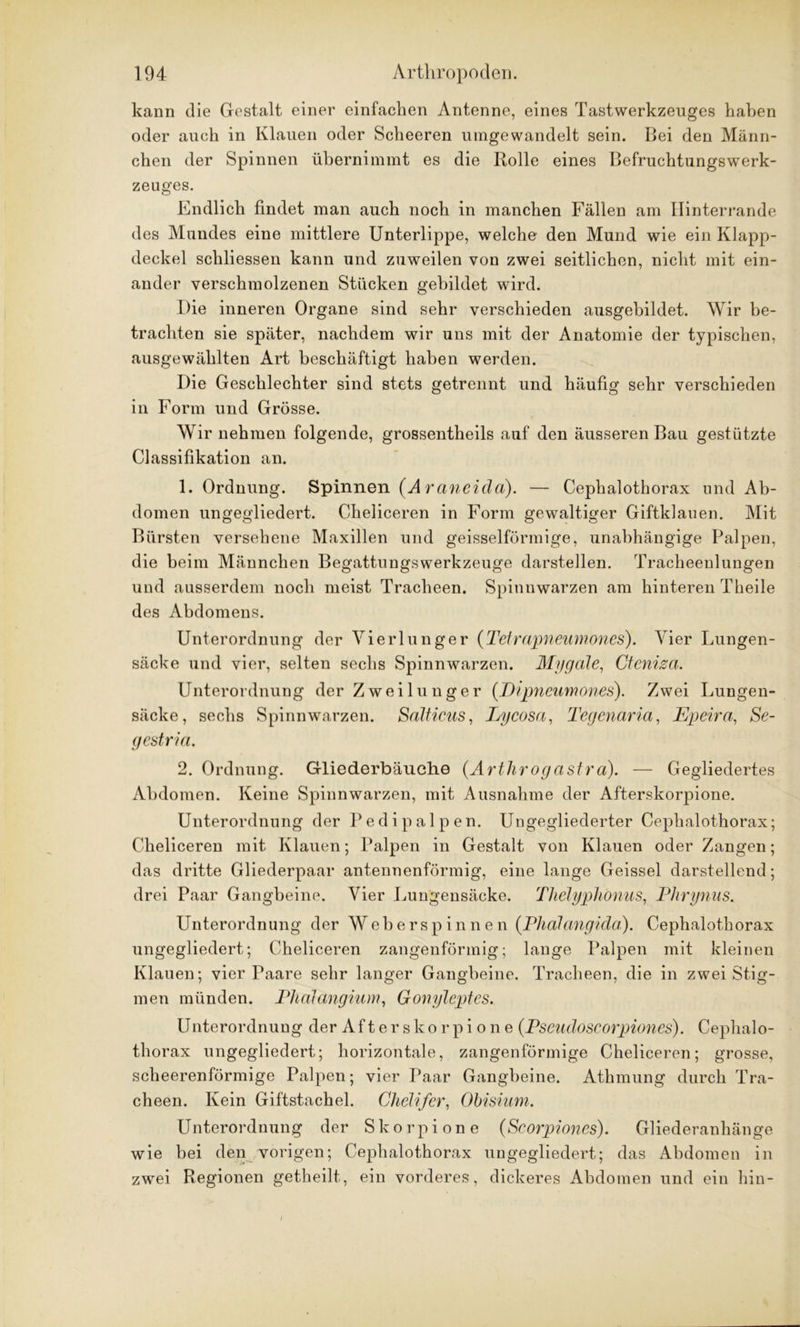 kann die Gestalt einer einfachen Antenne, eines Tastwerkzeuges haben oder auch in Klauen oder Scheeren umgewandelt sein. Bei den Männ- chen der Spinnen übernimmt es die Rolle eines Befruchtungswerk- zeuges. Endlich findet man auch noch in manchen Fällen am Hinterrande des Mundes eine mittlere Unterlippe, welche den Mund wie ein Klapp- deckel schliessen kann und zuweilen von zwei seitlichen, nicht mit ein- ander verschmolzenen Stücken gebildet wird. Die inneren Organe sind sehr verschieden ausgebildet. Wir be- trachten sie später, nachdem wir uns mit der Anatomie der typischen, ausgewählten Art beschäftigt haben werden. Die Geschlechter sind stets getrennt und häufig sehr verschieden in Form und Grösse. Wir nehmen folgende, grossentheils auf den äusseren Bau gestützte Classifikation an. 1. Ordnung. Spinnen (Araneida). — Cephalothorax und Ab- domen ungegliedert. Cheliceren in Form gewaltiger Giftklauen. Mit Bürsten versehene Maxillen und geisselförmige, unabhängige Palpen, die beim Männchen Begattungswerkzeuge darstellen. Tracheeulungen und ausserdem noch meist Tracheen. Spinnwarzen am hinteren Theile des Abdomens. Unterordnung der Vierlunger (Tetrapneumones). Vier Lungen- säcke und vier, selten sechs Spinnwarzen. Mygale, Cteniza. Unterordnung der Zweilunger (Dipneumones). Zwei Lungen- säcke, sechs Spinnwarzen. Salticus, Lycosa, Tegenaria, Epeira, Se- gestria. 2. Ordnung. Gliederbäuche (Arthrogastra). — Gegliedertes Abdomen. Keine Spinnwarzen, mit Ausnahme der Afterskorpione. Unterordnung der Pedip alpen. Ungegliederter Cephalothorax; Cheliceren mit Klauen; Palpen in Gestalt von Klauen oder Zangen; das dritte Gliederpaar antennenförmig, eine lange Geissei darstellend; drei Paar Gangbeine. Vier Lungensäcke. ThelypJiönus, Phrynus. Unterordnung der Weberspinnen (Phalangida). Cephalothorax ungegliedert; Cheliceren zangenförmig; lange Palpen mit kleinen Klauen; vier Paare sehr langer Gangheine. Tracheen, die in zwei Stig- men münden. Phalangium, Gonyleptes. Unterordnung der After skorpione (Pseudoscorpiones). Cephalo- thorax ungegliedert; horizontale, zangenförmige Cheliceren; grosse, scheerenförmige Palpen; vier Paar Gangbeine. Athmung durch Tra- cheen. Kein Giftstachel. Chelifer, Obisium. Unterordnung der Skorpione (Seorpiones). Gliederanhänge wie bei den vorigen; Cephalothorax ungegliedert; das Abdomen in zwei Regionen getheilt, ein vorderes, dickeres Abdomen und ein hin- I