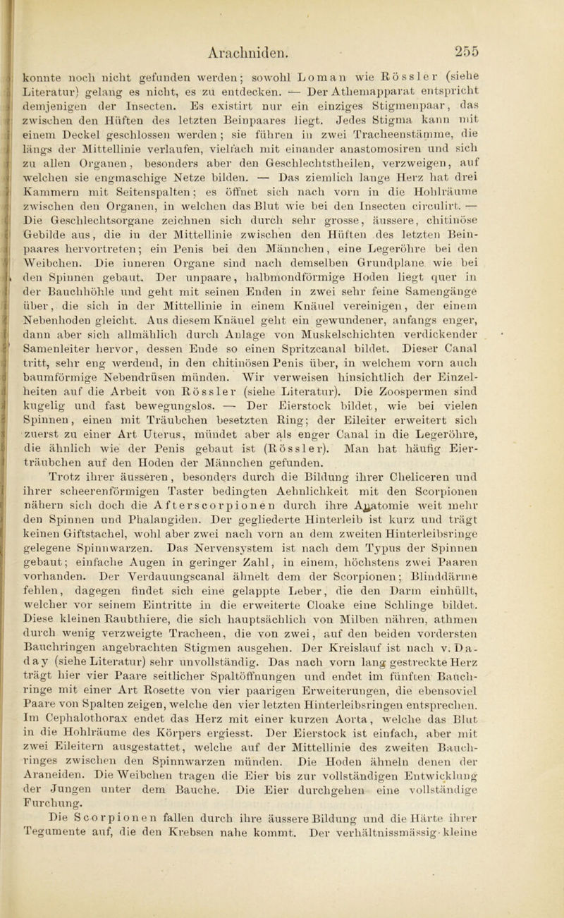 konnte noch nicht gefunden werden; sowohl Loman wie R ö s s 1 e r (siehe Literatur) gelang es nicht, es zu entdecken. •— Der Atliemapparat entspricht demjenigen der Insecten. Es existirt nur ein einziges Stigmenpaar, das zwischen den Hüften des letzten Beinpaares liegt. Jedes Stigma kann mit einem Deckel geschlossen werden ; sie führen in zwei Tracheenstämme, die ! längs der Mittellinie verlaufen, vielfach mit einander anastomosiren und sich zu allen Organen, besonders aber den Gesclilechtstheilen, verzweigen, auf welchen sie engmaschige Netze bilden. — Das ziemlich lange Herz hat drei i Kammern mit Seitenspalten; es öffnet sich nach vorn in die Hohlräume zwischen den Organen, in welchen das Blut wie bei den Insecten circulirt. — iDie Geschlechtsorgane zeichnen sich durch sehr grosse, äussere, chitinöse Gebilde aus, die in der Mittellinie zwischen den Hüften des letzten Bein- paares hervortreten; ein Penis bei den Männchen, eine Legeröhre bei den [Weibchen. Die inneren Organe sind nach demselben Grundplane wie bei » den Spinnen gebaut. Der unpaare, halbmondförmige Hoden liegt quer in der Bauchhöhle und geht mit seinen Enden in zwei sehr feine Samengänge über, die sich in der Mittellinie in einem Knäuel vereinigen, der einem J Nebenhoden gleicht. Aus diesem Knäuel geht ein gewundener, anfangs enger, dann aber sich allmählich durch Anlage von Muskelschichten verdickender Samenleiter hervor, dessen Ende so einen Spritzcanal bildet. Dieser Canal tritt, sehr eng werdend, in den chitinösen Penis über, in welchem vorn auch baumförmige Nebendrüsen münden. Wir verweisen hinsichtlich der Einzel- heiten auf die Arbeit von Rössler (siehe Literatur). Die Zoospermen sind kugelig und fast bewegungslos. — Der Eierstock bildet, wie bei vielen Spinnen, einen mit Träubchen besetzten Ring; der Eileiter erweitert sich ! zuerst zu einer Art Uterus, mündet aber als enger Canal in die Legeröhre, die ähnlich wie der Penis gebaut ist (Rössler). Man hat häufig Eier- träubclien auf den Hoden der Männchen gefunden. Trotz ihrer äusseren , besonders durch die Bildung ihrer Cheliceren und ihrer scheerenförmigen Taster bedingten Aehnliclikeit mit den Scorpionen nähern sich doch die After scorpionen durch ihre Anatomie weit mehr den Spinnen und Phalangiden. Der gegliederte Hinterleib ist kurz und trägt keinen Giftstachel, wohl aber zwei nach vorn an dem zweiten Hinterleibsringe gelegene Spinnwarzen. Das Nervensystem ist nach dem Typus der Spinnen gebaut; einfache Augen in geringer Zahl, in einem, höchstens zwei Paaren vorhanden. Der Verdauungscanal ähnelt dem der Scorpionen; Blinddärme fehlen, dagegen findet sich eine gelappte lieber, die den Darm einhüllt, welcher vor seinem Eintritte in die erweiterte Cloake eine Schlinge bildet. Diese kleinen Raubthiere, die sich hauptsächlich von Milben nähren, athmen durch wenig verzweigte Tracheen, die von zwei, auf den beiden vordersten Bauchringen angebrachten Stigmen ausgehen. Der Kreislauf ist nach v. Da- da y (siehe Literatur) sehr unvollständig. Das nach vorn lang gestreckte Herz trägt hier vier Paare seitlicher Spaltöffnungen und endet im fünften Bauch- ringe mit einer Art Rosette von vier paarigen Erweiterungen, die ebensoviel Paare von Spalten zeigen, welche den vier letzten Hinterleibsringen entsprechen. Im Cephalothorax endet das Herz mit einer kurzen Aorta, welche das Blut in die Hohlräume des Körpers ergiesst. Der Eierstock ist einfach, aber mit zwei Eileitern ausgestattet, welche auf der Mittellinie des zweiten Bauch- ringes zwischen den Spinnwarzen münden. Die Hoden ähneln denen der Araneiden. Die Weibchen tragen die Eier bis zur vollständigen Entwicklung der Jungen unter dem Bauche. Die Eier durchgehen eine vollständige Furchung. Die Scorpionen fallen durch ihre äussere Bildung und die Härte ihrer Tegumente auf, die den Krebsen nahe kommt. Der verliältnissmässig-kleine