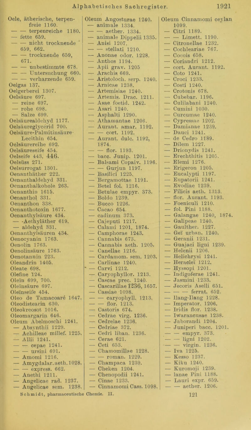 Oele, ätherische, terpen- freie 1160. terpenreiche 1180. — fette 659. nicht trocknende 659, 662. trocknende 659, 671. unbestimmte 678. Untersuchung 660. verharzende 659. Oelgas 137. Oelgerberei 1307. Oelsäure 697. — reine 697. — rohe 698. — Salze 699. Oelsäurealdehyd 1177. Oelsäureglycerid 700. Oelsäure-Palmitinsäure- Lecithin 654. Oelsäurereihe 692. Oelsäureseife 454. Oelseife 443, 446. Oelsiiss 271. Oelsurrogat 1301. Oenanthäther 222. Oenanthaldehyd 331. Oenantbalkohole 263. Oenanthin 1615. Oenanthol 331. Oenanthon 338. Oenanthotoxin 1677. Oenanthylsäure 434. — -Aethyläther 619. — aldehyd 331. Oenanthylsäuren 434. Oenocyanin 1763. Oenolin 1763. Oenolinsäure 1763. Oenotannin 223. Oleandrin 1405. Oleate 698. Olefine 124. Olein 699, 700. Oleinsäure 697. Oleinseife 454. Oleo de Tamacoard 1647. Oleodistearin 630. Oleokreosot 1016. Oleomargarin 646. Oleum Abelmoschi 1241. — Absynthii 1229. — Achilleae millef. 1225. — Allii 1241. cepae 1241. ursini 691. — Amomi 1216. — Amygdalar.aetb. 1028. express. 662. — Anethi 1211. — Angelicae rad. 1237. — Angelicae sem. 1238. Oleum Angosturae 1240. — animale 1334. aether. 1334. — animale Dippelii 1335. — Anisi 1207. stellati 1210. — Anonae odor. 1228. — Anthos 1194. — Apii grav. 1205 — Arachis 669. — Aristoloch. serp. 1240. — Arnicae 1238. — Artemisiae 1240. — Artemis. Drac. 1211. — Asae foetid. 1242. — Asari 1240. — Asphalti 1290. — Athamantae 1206. — Aurant. amar. 1192. cort. 1192. — Aurant. dulc. 1192, 1874. flor. 1193. — bacc. Junip. 1201. — Balsami Copaiv. 1196. Gurjun 1197. — Basilici 1225. — Bergamottae 1191. — Betel fol. 1216. — Betulae empyr. 373. — Boldo 1239. — Bucco 1226. — Cacao 654. — cadinum 373. — Cajeputi 1217. — Calami 1201, 1874. — Camphorae 1243. — Cannabis 673. — Cannabis aeth. 1205, — Canellae 1216. — Cardamom. sem. 1203. — Carlinae 1240. * — Carvi 1212. — Caryophyllor. 1213. — Cascae prec. 1240. — Cascarillae 1236, 1657. — Cassiae 1098. caryopliyll. 1213. flor. 1213. —■ Castoris 674. — Cedrae virg. 1236. — Cedrelae 1236. — Cedriae 372. — Cedri liban. 1236. — Cerae 621. — Ceti 653. — Chamomillae 1228. roman. 1229. — Champaca 1239. — Clieken 1204. — Chenopodii 1241. — Cinae 1233. — Cinnamomi Cass. 1098. Oleum Cinnamomi ceylan 1099. — Citri 1189. — — Limett. 1190. — Citronellae 1232. — Cochleariae 767. — Cocois 658. — Coriandri 1212. — cort. Aurant. 1192. — Coto 1241. — Croci 1233. — Costi 1240. — Crotonis 678. — Cubebar. 1196. — Culilabani 1240. — Cumini 1030. — Curcumae 1240. — C3'pressae 1202. — Damianae 1239. — Dauci 1241. — de Cedro 1189. — Dilem 1227. — Drionydis 1241. — Erechthitis 1205. — Elemi 1276. — Erigeron 1205. — Eucalypti 1197. — Eupatorii 1241. — Evodiae 1239. — Filicis aeth. 1313. — flor. Aurant. 1193. — Eoeniculi 1210. — fol. Pini 1188. — Galangae 1240, 1874. — Galipeae 1240. — Gaulther. 1227. — Gei urban. 1240. — Geranii 1231. — Guajaci ligni 1239. — Helenii 1206. — Heliclirysi 1241. — Heraclei 1212. — HAssopi 1201. — Indigoferae 1241. — Jasmini 1233. — Jecoris Aselli 651. ferrat. 652. — llang-Ilang 1228. — Imperator. 1206. — Iridis flor. 1238. — Iwarancusae 1238. — Jaborandi 1204. — Juniperi bacc. 1201. — — empyr. 373. hgni 1202. — — virgin. 1236. — Iva 1225. — Kesso 1237. — Kiku 1240. — Kuromoji 1239. — lanae Pini 1188. — Lauri expr. 659. aether. 1206. Schmidt, pharmaceutische Chemie. II. 121