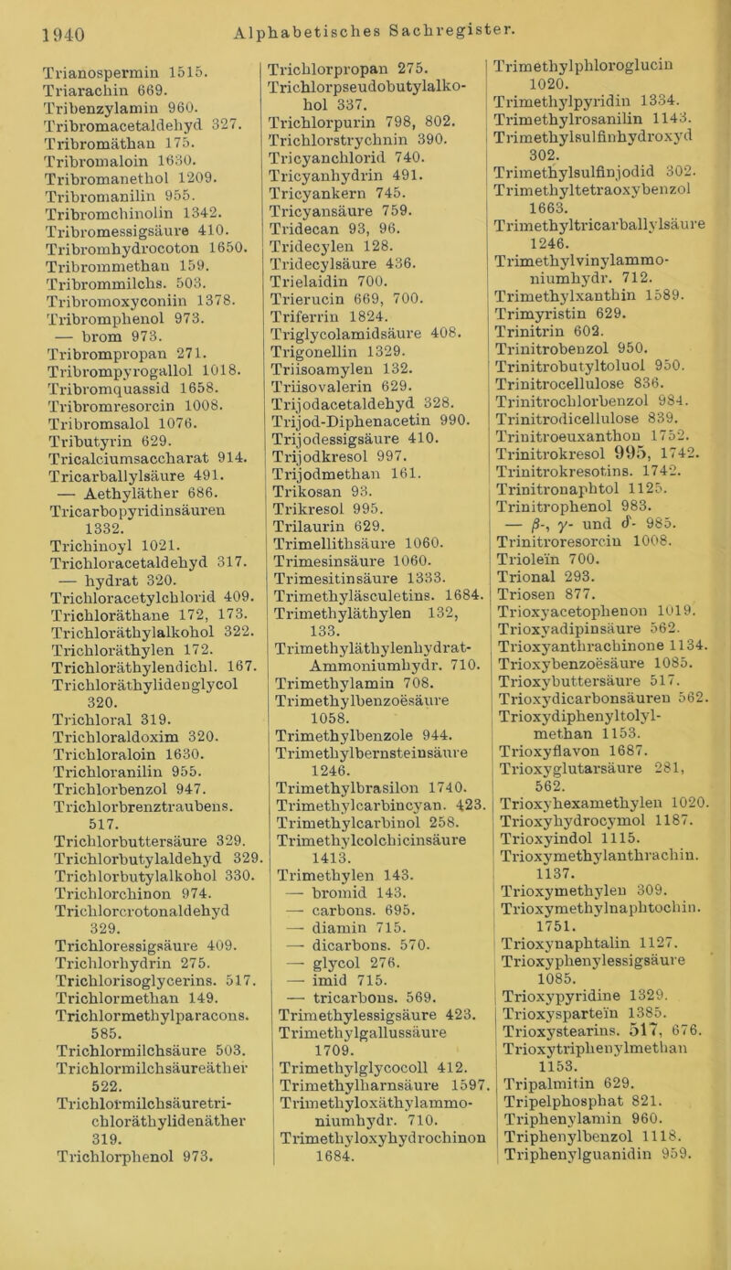 Trianospermin 1515. Triarachin 669. Tribenzylamin 960. Tribromacetaldehyd 327. Tribromäthan 175. Tribromaloin 1630. Tribromanethol 1209. Tribromanilin 955. Tribromchinolin 1342. Tribromessigsäure 410. Tribromhydrocoton 1650. Tribrommethan 159. Tribrommilchs. 503. Tribromoxyconiin 1378. Tribromplienol 973. — brom 973. Tribrompropan 271. Tribrompyrogallol 1018. Txdbromquassid 1658. Tribromresorcin 1008. Tribi-omsalol 1076. Tributyrin 629. Tricalciumsaccharat 914. Tricarballylsäure 491. — Aethyläther 686. Tricarbo pyridinsäuren 1332. Trichinoyl 1021. Trichloracetaldehyd 317. — hydrat 320. Trichloracetylchlorid 409. Trichloräthane 172, 173. Trichloräthylalkohol 322. Trichloräthylen 172. Trichloräthylendichl. 167. Trichloräthylidenglycol 320. Trichloral 319. Trichloraldoxim 320. Ti'ichloraloin 1630. Trichloranilin 955. Trichlorbenzol 947. Trichlorbrenztraubens. 517. Trichlorbuttersäure 329. Triohlorbutylaldehyd 329. Trichlorbutylalkohol 330. T rieh lorchin on 974. Trichlorcrotonald ehyd 329. Trichloressigsäure 409. Trichlorhydrin 275. Trichlorisoglycerins. 517. Trichlormethan 149. Trichlormethylparacons. 585. Trichlormilchsäure 503. Trichlormilchsäureätlier 522. Trichlormilchsäuretri- chloräthylidenäther 319. Trichlorphenol 973. Trichlorpropan 275. Trichlorpseudobutylalko- hol 337. Trichlorpurin 798, 802. Trichlorstrychnin 390. Tricyanchlorid 740. Tricyanhydrin 491. Tricyankern 745. Tricyansäure 759. Tridecan 93, 96. Tridecylen 128. Tridecylsäure 436. Trielaidin 700. Trierucin 669, 700. Triferrin 1824. Triglycolamidsäure 408. Trigonellin 1329. Triisoamylen 132. Triisovalerin 629. Trijodacetaldehyd 328. Trijod-Diphenacetin 990. Trijodessigsäure 410. Txdjodkresol 997. Txdjodmethan 161. Trikosan 93. Trikresol 995. Trilaux-in 629. Tx'imellithsäure 1060. Trimesinsäure 1060. Trimesitinsäure 1333. Trimethyläsculetins. 1684. Txümethyläthylen 132, 133. Trimethyläthylenliydrat- Ammoxxiumhydr. 710. Tx-imethylamin 708. Txdmethy lbenzoesäure 1058. Trimethylbenzole 944. Trimethylbex’nsteinsäure 1246. Trimethylbx-asilon 1740. Trimethylcax’bincyan. 423. Trimethylcarbinol 258. Txümethylcolchicixxsäure 1413. Trimethylexi 143. — bromid 143. — carboxxs. 695. — diaxnin 715. —- dicarbons. 570. — glycol 276. — imid 715. — trieax-bons. 569. Trimethylessigsäure 423. Trimethylgallussäux’e 1709. Trimett^dglycocoll 412. Trimethylharnsäure 1597. Tx'ixnethyloxäthylaxnmo- niumhydr. 710. Tx’imethyloxyhydrochinon 1684. Trimethylphloroglucin 1020. Tx-imethylpyridin 1334. Tx’imethylrosanilin 1143. Trimethylsulfinhydx’oxyd 302. Ti'imethylsulfinjodid 302. Trimetlxyltetraoxybenzol 1663. Triinethyltricarballylsäure 1246. Trimethylvinylammo- lxiumhydr. 712. Trimethylxantbin 1589. Trimyristin 629. Trinitron 602. Tx-initrobenzol 950. Trinitrobutyltoluol 950. Trinitrocellulose 836. Trixxitrochlorbenzol 984. Tx-initrodicellulose 839. Tx-initroeuxanthon 1752. Trinitx'okx’esol 91)5, 1742. Trinitx-okresotins. 1742. Trinitronaphtol 1125. Tx’initrophenol 983. — /3-, y- und d- 985. Trinitx'oresox'ciu 1008. Triolexn 700. Trional 293. Triosen 877. Trioxyacetophenon 1019. Tx-iox37adipinsäux-e 562. Trioxyanthx'achinone 1134. Txioxybenzoesäux-e 1085. Ti'ioxybuttex-säure 517. Triox37dicarbonsäux-en 562. Trioxj'diphenyltolyl- methan 1153. Tx'ioxyflavon 1687. Trioxyglutarsäure 281, 562. Trioxyhexamethylen 1020. Trioxyliydrocymol 1187. Tx'ioxyindol 1115. Tx-ioxymethylaxxthrachin. 1137. Txüoxymethylen 309. Trioxymethylnaphtochin. 1751. Txdoxynaphtalin 1127. Trioxyplxexxylessigsäure 1085. I Trioxj^pyridine 1329. Tx-ioxy spartein 1385. Tx’ioxystearins. 517, 676. Trioxytriphenylmethan 1153. Tripalmitin 629. Tripelphosphat 821. Tx-iphenylamin 960. Triphenylbexxzol 1118. j Triphexxylguanidin 959.