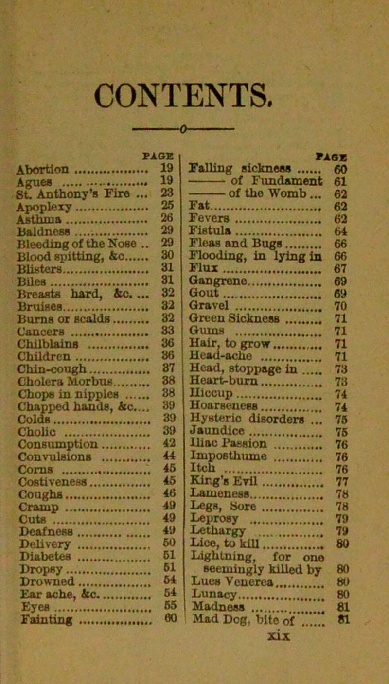CONTENTS. PAGE Abortion 19 Agues 19 St. Anthony’s Fire ... 23 Apoplexy 26 Asthma 26 Baldness 29 Bleeding of the Hose .. 29 Blood spitting, &c 30 Blisters 31 Biles 31 Breasts hard, &c.... 32 Bruises 32 Burns or scalds......... 32 Cancers 33 Chilblains 36 Children 36 Chin-cough 87 Cholera Morbus 38 Chops in nipples 38 Chapped hands, &c. .. 39 Colds 39 Cholic 39 Consumption 12 Convulsions 14 Corns . 46 Costivencss 45 Coughs 46 Cramp 49 Cuts 49 Deafness 49 Delivery 60 Diabetes 61 Dropsy 61 Drowned 64 Ear ache, &c 54 Eyes 65 Fainting 00 PAGE Falling sickness 60 of Fundament 61 of the Womb... 62 Fat 62 Fevers 62 Fistula Fleas and Bugs Flooding, in lying in Flux Gangrene Gout Gravel Greensickness Gums Hair, to grow Head-ache Head, stoppage in Heart-burn Hiccup Hoarseness Hysteric disorders ... Jaundice Iliac Passion Imposthume Itch King’s Evil Lameness Legs, Sore Leprosy Lethargy Lice, to kill Lightning, for one seemingly killed by Lues Venerea Lunacy Madnosa 81 Mad Deg, bite of #1