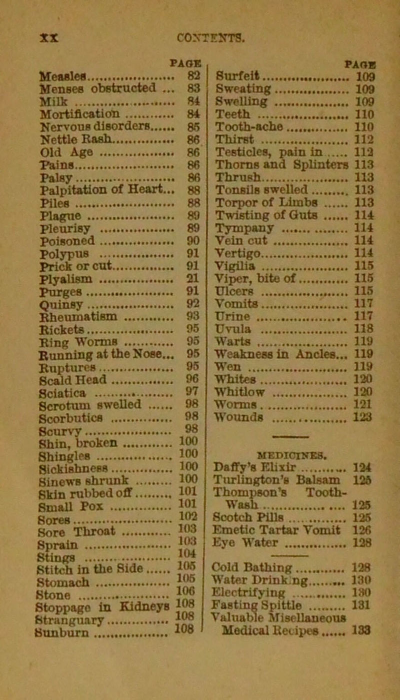 PAGE 82 Menses obstructed ... 83 Milk 84 Mortification 84 Nervous disorders 85 Nettle Rash 86 Old Age 86 Pains 86 Palsy 86 Palpitation of Heart... 88 Piles 88 Plague 89 Pleurisy 89 Poisoned 90 Polypus 91 Prick or cut 91 Plyalism 21 purges 91 Quinsy 92 Rheumatism 93 Rickets 95 Ring Worms 95 Running at the Nose... 95 Ruptures 95 Scald Head 96 8ciatica 91 Scrotum swelled 98 Scorbutics 98 8curvy 98 Shin, broken 100 Shingles 100 Sickishness 100 Sinews shrunk 100 Skin rubbed off 101 Small Pox 101 Sores 109 Sore Throat Sprain JO* Stings ™ Stitch in the Side Stomach 1J® Stone 100 Stoppage in Kidneys JJ™ Stranguary Sunburn PAGE .... 109 Sweating .... 109 Swelling .... 109 Teeth .... 110 Tooth-ache .... 110 Thirst .. 112 Testicles, pain in . ... 113 Thorns and Splinters 113 Thrush .... 113 Tonsils swelled .... 113 Torpor of Limbs .. .... 113 Twisting of Guts .. .... 114 Tympany .... 114 Vein cut .... 114 Vertigo .... 114 Vigilia .... 115 Viper, bite of .... 115 Ulcers ... 115 .... 117 Urine ... 117 Uvula .... 118 Warts .... 119 Weakness in Ancles... 119 Wen ... 119 Whites ... 120 Whitlow ... 120 Worms ... 121 Wounds ... 123 MEDICINES. Daffy’s Elixir 124 Turlington’s Balsam 125 Thompson’s Tooth- Wash 125 Scotch Pills 125 Emetic Tartar Vomit 126 Eye Water 128 Cold Bathing 128 Water Drinking 130 Electrifying ISO Fasting Spittle 131 Valuable Miscllaneous Medical Recipes 133