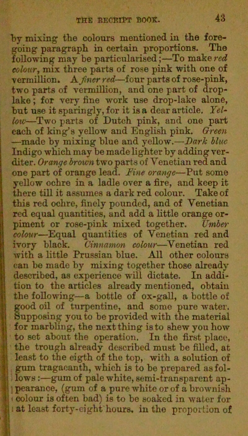 by mixing tlie colours mentioned in the fore- going paragraph in certain proportions. The following may be particularised;—To make red colour, mix three parts of rose pink with one of vermillion. A finer red—four parts of rose-pink, two parts of vermillion, and one part of drop- lake ; for very fine work use drop-lake alone, but use it sparingly, for it is a dear article. Yel- low—Two parts of Dutch pink, and one part each of king’s yellow and English pink. Green —made by mixing blue and yellow.—Dark blue Indigo which may be made lighter by adding ver- diter. Grange brown two parts of Venetian red and one part of orange lead. Fine orange—Put some yellow ochre in a ladle over a fire, and keep it there till it assumes a dark red colour. Take of this red ochre, finely pounded, and of Venetian red equal quantities, and add a little orange or- piment or rose-pink mixed together. Umber colour—Equal quantities of Venetian red and ivory black. Cinnamon colour—Venetian red with a little Prussian blue. All other colours can be made by mixing together those already described, as experience will dictate. In addi- tion to the articles already mentioned, obtain the following—a bottle of ox-gall, a bottle of good oil of turpentine, and some pure water. Supposing you to be provided with the material for marbling, the next thing is to shew you how to set about the operation. In the first place, the trough already described must be filled, at least to the eigth of the top, with a solution of gum tragacanth, which is to be prepared as fol- i lows:—gum of pale white, semi-transparent ap- * i pearance, (gum of a pure white or of a brownish j • colour is often bad) is to bo soaked in water for • at least forty-eight hours, in the proportion of