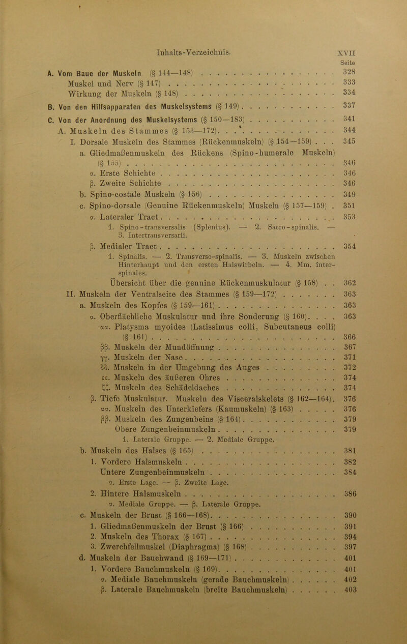 Seite A. Vom Baue der Muskeln (§ 144—148) 328 Muskel und Nerv (§ 147) 333 Wirkung der Muskeln (§ 148) 334 B. Von den Hilfsapparaten des Muskelsystems (§ 149) 337 C. Von der Anordnung des Muskelsystems (§ 150—183) 341 A. Muskeln des Stammes (§ 153—172). . .' 344 I. Dorsale Muskeln des Stammes (Rückenmuskeln) (§ 154—159) . . . 345 a. Gliedmaßenmuskeln des Rückens (Spino-humerale Muskeln) (§ 155) 346 a. Erste Schichte 346 ß. Zweite Schichte 346 b. Spino-costale Muskeln (§ 156) 349 c. Spino-dorsale (Genuine Rückenmuskeln) Muskeln (§ 157—159) . 351 et. Lateraler Tract %. 353 1. Spino-transversalis (Splenius). — 2. Sacro - spinalis. — 3. Intertransversarii. ß. Medialer Tract 354 1. Spinalis. — 2. Transverso-spinalis. — 3. Muskeln zwischen Hinterhaupt und den ersten Halswirbeln. — 4. Mm. inter- spinales. Übersicht über die genuine Rückenmuskulatur (§ 158) . . 362 II. Muskeln der Ventralseite des Stammes (§ 159—172) 363 a. Muskeln des Kopfes (§ 159—161) 363 a. Oberflächliche Muskulatur und ihre Sonderung (§ 160). . . . 363 otoc. Platysma myoides (Latissimus colli, Subcutaneus colli) (§ 161) 366 ßß. Muskeln der Mundöffnung 367 7Y- Muskeln der Nase 371 oo. Muskeln in der Umgebung des Auges 372 es. Muskeln des äußeren Ohres 374 Muskeln des Schädeldaches 374 ß. Tiefe Muskulatur. Muskeln des Visceralskelets (§ 162—164). 376 act. Muskeln des Unterkiefers (Kaumuskeln) (§ 163) 376 ßß. Muskeln des Zungenbeins (§ 164) 379 Obere Zungenbeinmuskeln 379 1. Laterale Gruppe. — 2. Mediale Gruppe. b. Muskeln des Halses (§ 165) . 381 1. Vordere Halsmuskeln 382 Untere Zungenbeinmuskeln 3S4 7. Erste Lage. — ß. Zweite Lage. 2. Hintere Halsmuskeln 386 7.. Mediale Gruppe. — ß. Laterale Gruppe. c. Muskeln der Brust (§ 166—168) 390 1. Gliedmaßenmuskeln der Brust (§ 166) 391 2. Muskeln des Thorax (§ 167) . 394 3. Zwerchfellmuskel (Diaphragma) (§ 168) 397 d. Muskeln der Bauchwand (§ 169—171) 401 1. Vordere Bauchmuskeln (§ 169) 401 7. Mediale Bauchmuskeln (gerade Bauchmuskeln) 402 ß. Laterale Bauchmuskeln (breite Bauchmuskeln) 403