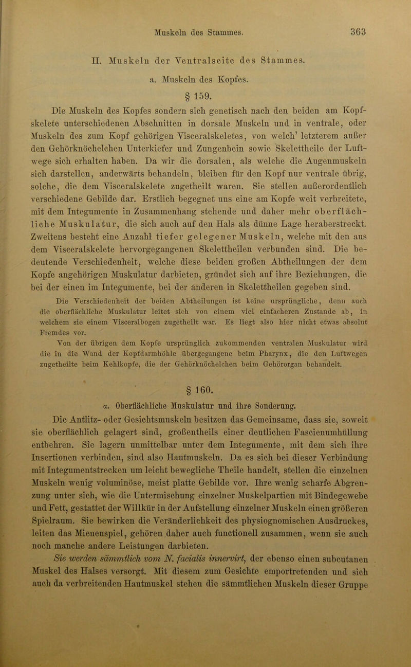 II. Muskeln der Ventralseite des Stammes. a. Muskeln des Kopfes. § 159. Die Muskeln des Kopfes sondern sich genetisch nach den beiden am Kopf- skelete unterschiedenen Abschnitten in dorsale Muskeln und in ventrale, oder Muskeln des zum Kopf gehörigen Visceralskeletes, von welch’ letzterem außer den Gehörknöchelchen Unterkiefer und Zungenbein sowie Skelettheile der Luft- wege sich erhalten haben. Da wir die dorsalen, als welche die Augenmuskeln sich darstellen, anderwärts behandeln, bleiben für den Kopf nur ventrale übrig, solche, die dem Visceralskelete zugetheilt waren. Sie stellen außerordentlich verschiedene Gebilde dar. Erstlich begegnet uns eine am Kopfe weit verbreitete, mit dem Integumente in Zusammenhang stehende und daher mehr oberfläch- liche Muskulatur, die sich auch auf den Hals als dünne Lage heraberstreckt. Zweitens besteht eine Anzahl tiefer gelegener Muskeln, welche mit den aus dem Visceralskelete hervorgegangenen Skelettheilen verbunden sind. Die be- deutende Verschiedenheit, welche diese beiden großen Abtheilungen der dem Kopfe angehörigen Muskulatur darbieten, gründet sich auf ihre Beziehungen, die bei der einen im Integumente, bei der anderen in Skelettheilen gegeben sind. Die Verschiedenheit der beiden Abtheilungen ist keine ursprüngliche, denn auch die oberflächliche Muskulatur leitet sich von einem viel einfacheren Zustande ab, in welchem sie einem Visceralbogen zugetheilt war. Es liegt also hier nicht etwas absolut Fremdes vor. Von der übrigen dem Kopfe ursprünglich zukommenden ventralen Muskulatur wird die in die Wand der Kopfdarmhöhle übergegangene beim Pharynx, die den Luftwegen zugetheilte beim Kehlkopfe, die der Gehörknöchelchen beim Gehörorgan behandelt. §160. a. Oberflächliche Muskulatur und ihre Sonderung. Die Antlitz- oder Gesicktsmuskeln besitzen das Gemeinsame, dass sie, soweit sie oberflächlich gelagert sind, großenteils einer deutlichen Fascienumhiillung entbehren. Sie lagern unmittelbar unter dem Integumente, mit dem sich ihre Insertionen verbinden, sind also Hautmnskeln. Da es sich bei dieser Verbindung mit Integumentstrecken um leicht bewegliche Theile handelt, stellen die einzelnen Muskeln wenig voluminöse, meist platte Gebilde vor. Ihre wenig scharfe Abgren- zung unter sich, wie die Untermischung einzelner Muskelpartien mit Bindegewebe und Fett, gestattet der Willkür in der Aufstellung einzelner Muskeln einen größeren Spielraum. Sie bewirken die Veränderlichkeit des pkysiognomischen Ausdruckes, leiten das Mienenspiel, gehören daher auch functionell zusammen, wenn sie auch noch manche andere Leistungen darbieten. Sie werden sämmtlich vom N. facialis innervirt, der ebenso einen subcutanen Muskel des Halses versorgt. Mit diesem zum Gesichte emportretenden und sich auch da verbreitenden Hautmuskel stehen die sämmtlichen Muskeln dieser Gruppe