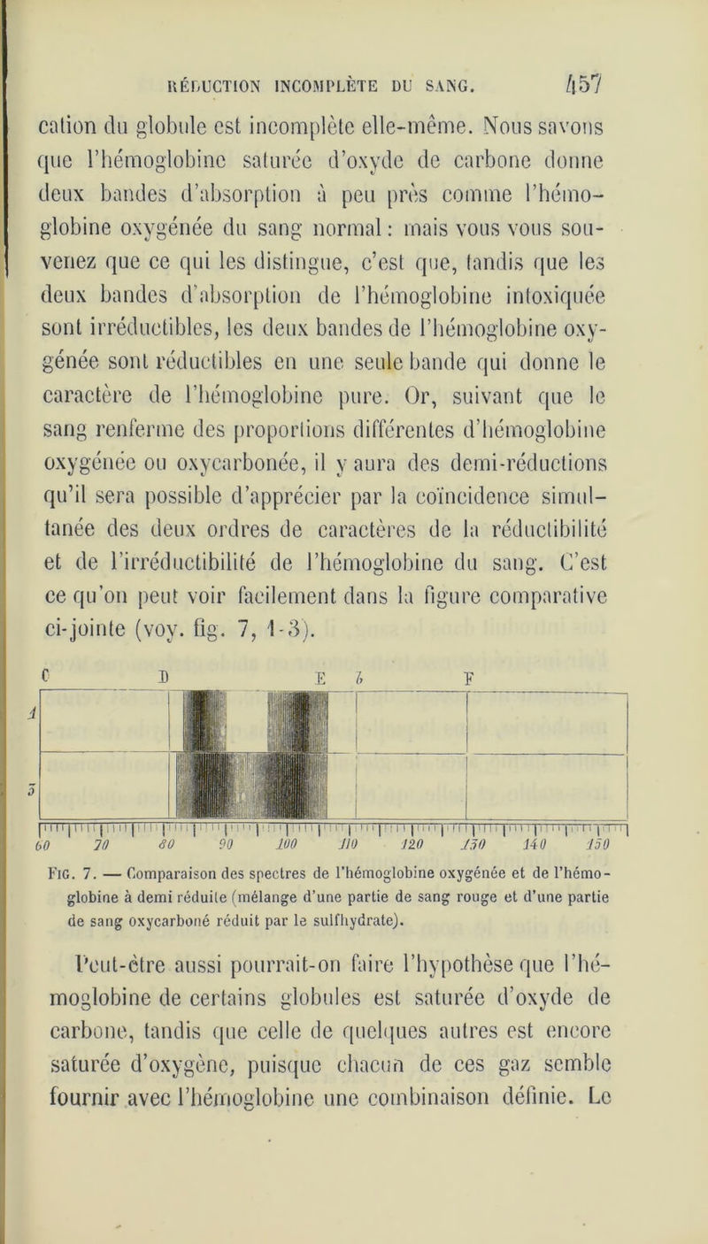 cation du globule est incomplète elle-même. Nous savons que l’hémoglobine saturée d’oxyde de carbone donne deux bandes d’absorption à peu près comme l’hémo- globine oxygénée du sang normal : mais vous vous sou- venez que ce qui les distingue, c’est que, tandis que les deux bandes d'absorption de l’hémoglobine intoxiquée sont irréductibles, les deux bandes de l’hémoglobine oxy- génée sont réductibles en une seule bande qui donne le caractère de l’hémoglobine pure. Or, suivant que le sang renferme des proportions différentes d’hémoglobine oxygénée ou oxycarbonée, il y aura des demi-réductions qu’il sera possible d’apprécier par la coïncidence simul- tanée des deux ordres de caractères de la réductibilité et de l’irréductibilité de l’hémoglobine du sang. C’est ce qu’on peut voir facilement dans la figure comparative ci-jointe (vov. fîg. 7, 1-3). c b e i Y [i. ijllit v ||§H§|jy r i Ëwmm i i i iHBtt! Hffiili 1 b 1 fl: 1 1 1 1 1 | III i | : 1 1 1 | 1 ! J ■ ~ -nr I1 ! 1 l | 1 ! ! 1 | ! ! ! i | 1 1 i . | M 1 |M 1 1 |II!1 | > 1 1 | ! 111 1111 ] | M 11 11 [ i 111 | bO 10 6 0 90 100 HO 12.0 150 140 150 FiG. 7. — Comparaison des spectres de l’hémoglobine oxygénée et de l’hémo- globine à demi réduite (mélange d’une partie de sang rouge et d’une partie de sang oxycarboné réduit par le sulfhydrate). Peut-être aussi pourrait-on faire l’hypothèse que l'hé- moglobine de certains globules est saturée d’oxyde de carbone, tandis que celle de quelques autres est encore saturée d’oxygène, puisque chacun de ces gaz semble fournir avec l’hémoglobine une combinaison définie. Le