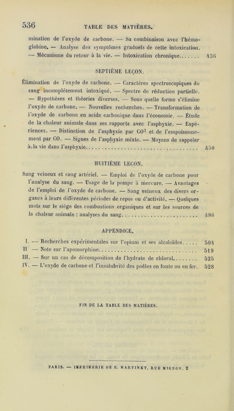 mination de l’oxyde de carbone. — Sa combinaison avec l’hémo- globine. — Analyse des symptômes graduels de cette intoxication. — Mécanisme du retour à la vie. — Intoxication chronique 43G SEPTIÈME LEÇON. Élimination de l’oxyde de carbone. — Caractères spectroscopiques du sang incomplètement intoxiqué. — Spectre de réduction partielle. — Hypothèses et théories diverses. — Sous quelle forme s’élimine l’oxyde de carbone. — Nouvelles recherches. — Transformation de 1 oxyde de carbone en acide carbonique dans l’économie. — Étude de la chaleur animale dans ses rapports avec l'asphyxie. — Expé- riences. — Distinction de l’asphyxie par CO- et de l’empoisonne- ment par CO. — Signes de l’asphyxie mixte. — Moyens de rappeler à, la vie dans l’asphyxie 450 HUITIÈME LEÇON. Sang veineux et sang artériel. — Emploi de l’oxyde de carbone pour 1 analyse du sang. — Usage de la pompe à mercure. — Avantages de l’emploi de l'oxyde de carbone. — Sang veineux des divers or- ganes à leurs différentes périodes de repos ou d’activité. — Quelques mots sur le siège des combustions organiques et sur les sources de la chaleur animale : analyses du sang 48G APPENDICE. É — Recherches expérimentales sur l’opium et ses alcaloïdes 504 II — Note sur l’apomorphine 519 III. — Sur un cas de décomposition de l’hydrate de chloral 525 IV. — L’oxyde de carbone et l’insalubrité des poêles en fonte ou en fer. 528 FIN DE LA TABLE DES MATIÈRES. PARIS. — IMPRIMERIE DE E. MARTINET, RUE MIGNON, 2