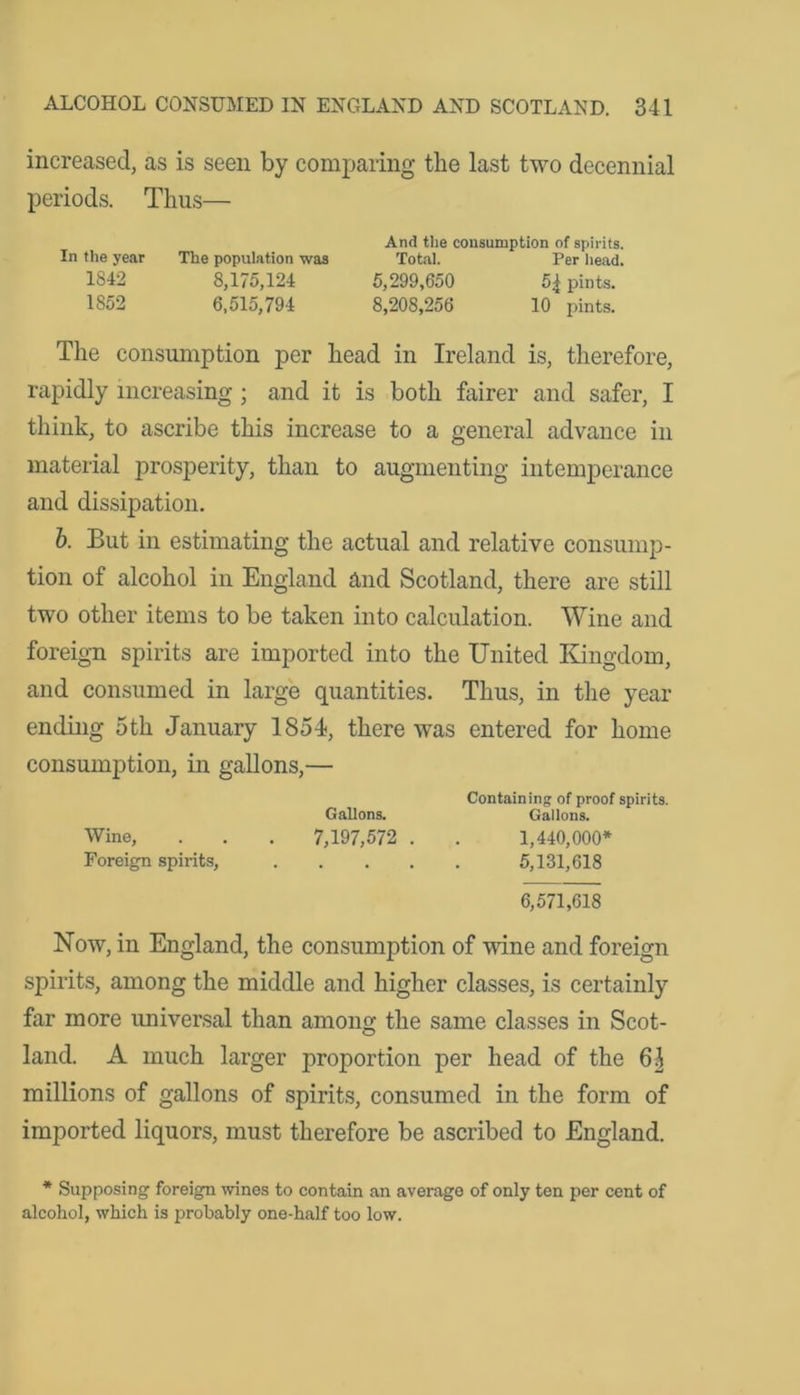 increased, as is seen by comparing the last two decennial periods. Thus— And the consumption of spirits. In the year The population was Total. Per head. 1842 8,175,124 5,299,650 5^ pints. 1852 6,515,794 8,208,256 10 pints. The consumption per head in Ireland is, therefore, rapidly increasing ; and it is both fairer and safer, I think, to ascribe this increase to a general advance in material prosperity, than to augmenting intemperance and dissipation. b. But in estimating the actual and relative consump- tion of alcohol in England and Scotland, there are still two other items to be taken into calculation. Wine and foreign spirits are imported into the United Kingdom, and consumed in large quantities. Thus, in the year ending 5th January 1854, there was entered for home consumption, in gallons,— Containing of proof spirits. Gallons. Gallons. Wine, . . . 7,197,572 . . 1,440,000* Foreign spirits, 5,131,618 6,571,618 Now, in England, the consumption of wine and foreign spirits, among the middle and higher classes, is certainly far more universal than among the same classes in Scot- land. A much larger proportion per head of the 6| millions of gallons of spirits, consumed in the form of imported liquors, must therefore be ascribed to England. * Supposing foreign wines to contain an average of only ten per cent of alcohol, which is probably one-half too low.