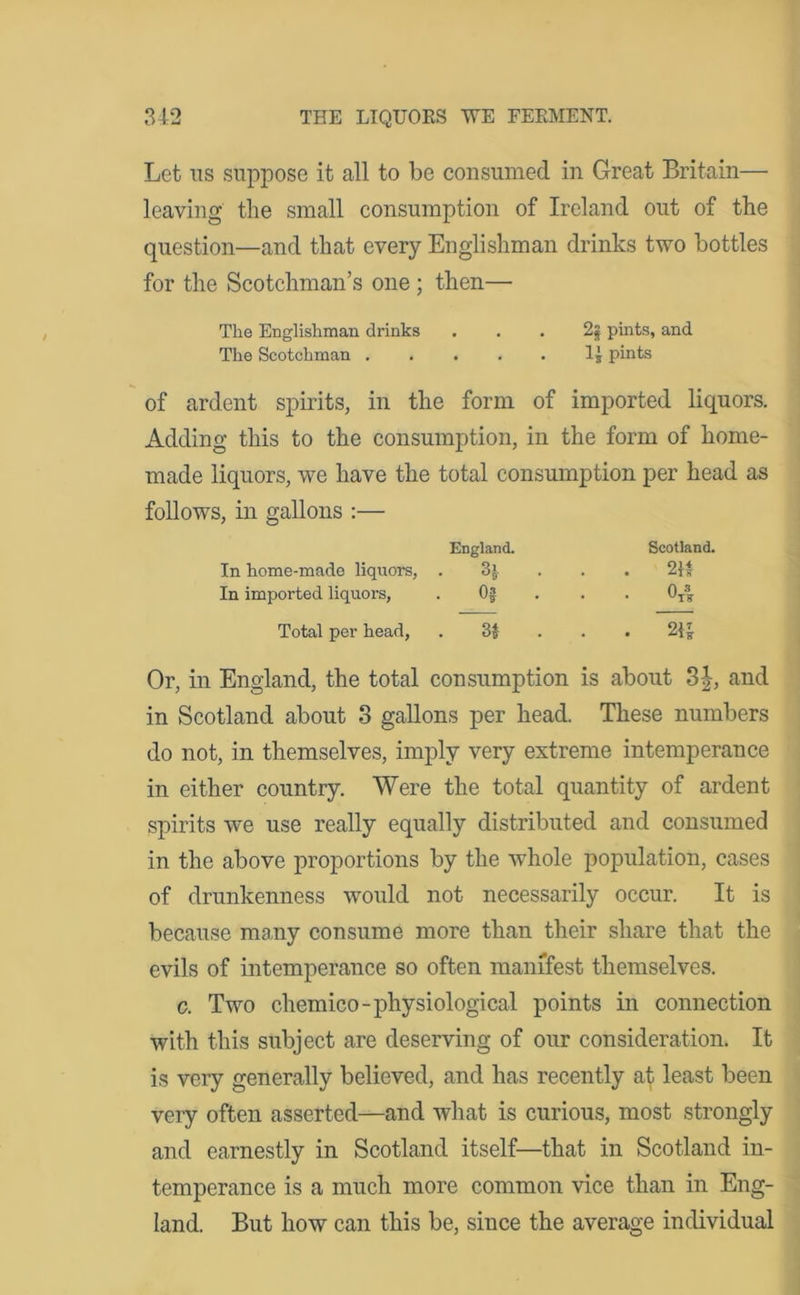 Let us suppose it all to be consumed in Great Britain— leaving the small consumption of Ireland out of the question—and that every Englishman drinks two bottles for the Scotchman’s one ; then— Tlie Englishman drinks . . . 2$ pints, and The Scotchman pints of ardent spirits, in the form of imported liquors. Adding this to the consumption, in the form of home- made liquors, we have the total consumption per head as follows, in gallons :— England. Scotland. In home-made liquors, . 3* . . . 2 ft In imported liquors, . 0# . . • G's Total per head, . • 2{J Or, in England, the total consumption is about 3|, and in Scotland about 3 gallons per head. These numbers do not, in themselves, imply very extreme intemperance in either country. Were the total quantity of ardent spirits we use really equally distributed and consumed in the above proportions by the whole population, cases of drunkenness would not necessarily occur. It is because many consume more than their share that the evils of intemperance so often manifest themselves. c. Two chemico-physiological points in connection with this subject are deserving of our consideration. It is very generally believed, and has recently at least been very often asserted—and what is curious, most strongly and earnestly in Scotland itself—that in Scotland in- temperance is a much more common vice than in Eng- land. But how can this be, since the average individual