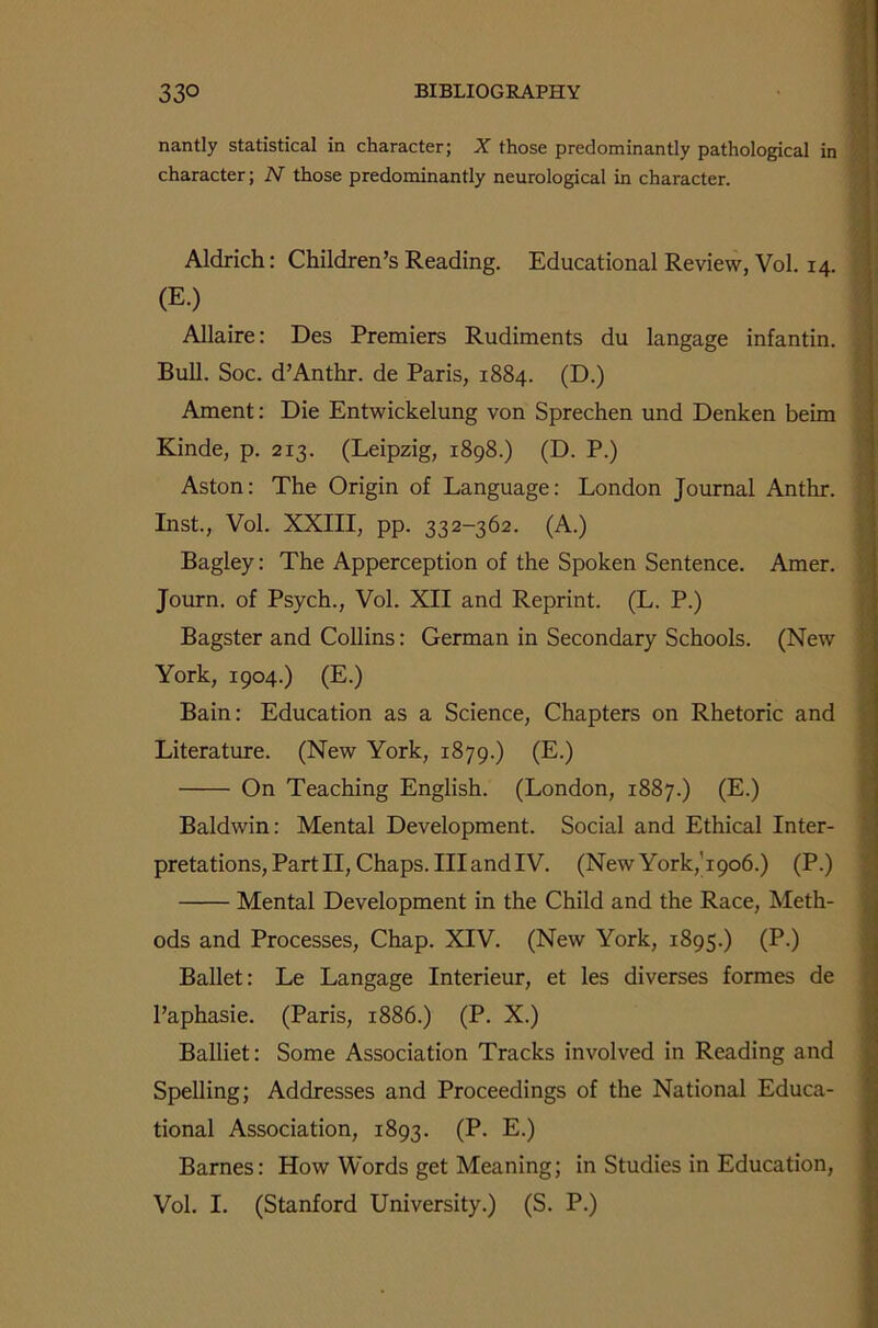 nantly statistical in character; X those predominantly pathological in character; N those predominantly neurological in character. Aldrich: Children’s Reading. Educational Review, Vol. 14. (E-) Allaire: Des Premiers Rudiments du langage infantin. Bull. Soc. d’Anthr. de Paris, 1884. (D.) Ament: Die Entwickelung von Sprechen und Denken beim Kinde, p. 213. (Leipzig, 1898.) (D. P.) Aston: The Origin of Language: London Journal Anthr. Inst., Vol. XXIII, pp. 332-362. (A.) Bagley: The Apperception of the Spoken Sentence. Amer. Journ. of Psych., Vol. XII and Reprint. (L. P.) Bagster and Collins: German in Secondary Schools. (New York, 1904.) (E.) Bain: Education as a Science, Chapters on Rhetoric and Literature. (New York, 1879.) (E.) On Teaching English. (London, 1887.) (E.) Baldwin: Mental Development. Social and Ethical Inter- pretations, Part II, Chaps. Ill and IV. (New York,'1906.) (P.) Mental Development in the Child and the Race, Meth- ods and Processes, Chap. XIV. (New York, 1895.) (P.) Ballet: Le Langage Interieur, et les diverses formes de l’aphasie. (Paris, 1886.) (P. X.) Balliet: Some Association Tracks involved in Reading and Spelling; Addresses and Proceedings of the National Educa- tional Association, 1893. (P. E.) Barnes: How Words get Meaning; in Studies in Education, Vol. I. (Stanford University.) (S. P.)