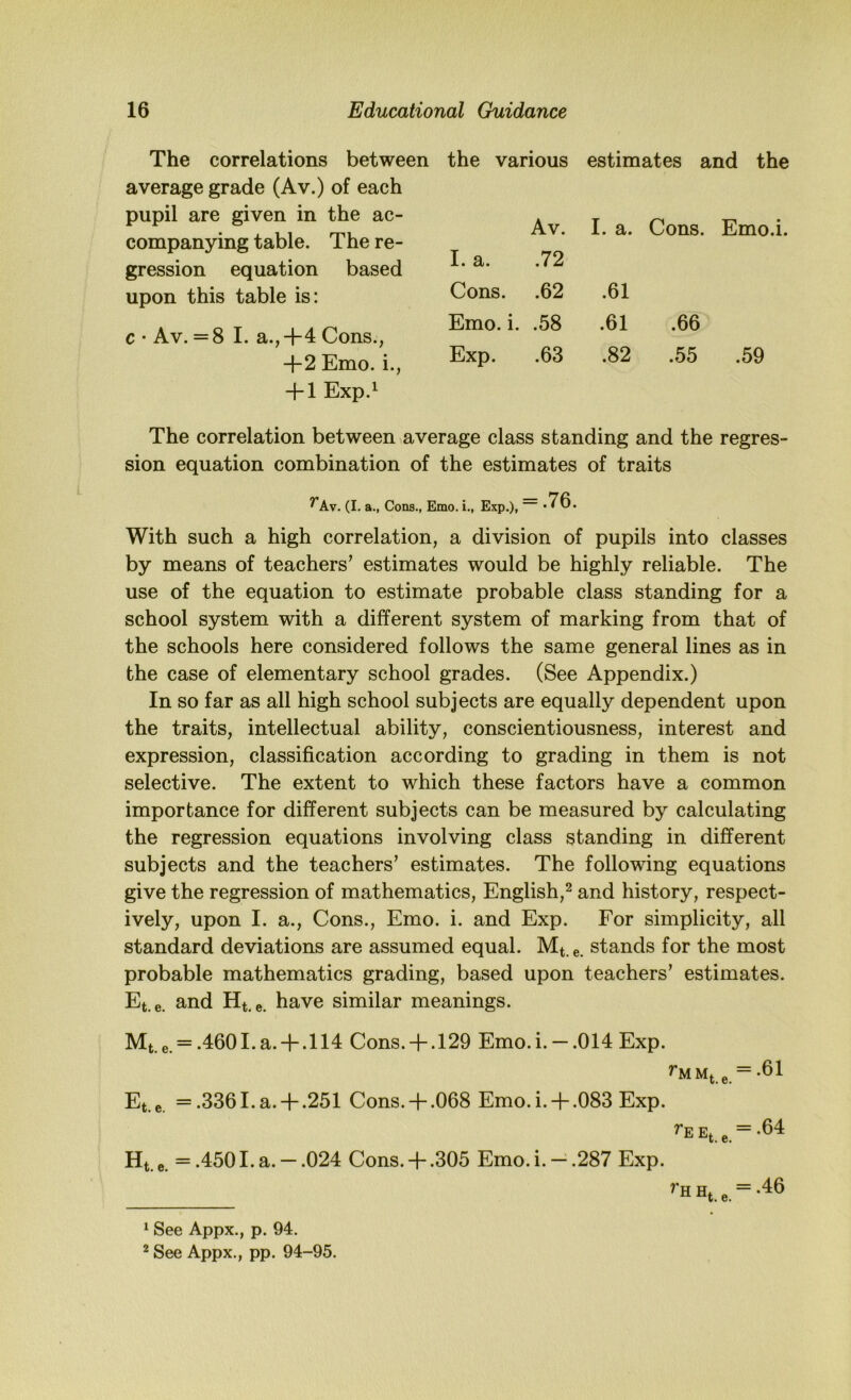 The correlations between the various estimates and the average grade (Av.) of each pupil are given in the ac- companying table. The re- gression equation based upon this table is: c • Av. =8 I. a.,+4 Cons., +2 Emo. i., + 1 Exp.^ Av. I. a. Cons. Emo.i I. a. .72 Cons. .62 .61 Emo. i. .58 .61 .66 Exp. .63 .82 .55 .59 The correlation between average class standing and the regres- sion equation combination of the estimates of traits ^Av. (I. a., Cona., Emo. i., Exp.), ~ *76. With such a high correlation, a division of pupils into classes by means of teachers’ estimates would be highly reliable. The use of the equation to estimate probable class standing for a school system with a different system of marking from that of the schools here considered follows the same general lines as in the case of elementary school grades. (See Appendix.) In so far as all high school subjects are equally dependent upon the traits, intellectual ability, conscientiousness, interest and expression, classification according to grading in them is not selective. The extent to which these factors have a common importance for different subjects can be measured by calculating the regression equations involving class standing in different subjects and the teachers’ estimates. The following equations give the regression of mathematics, English,^ and history, respect- ively, upon I. a.. Cons., Emo. i. and Exp. For simplicity, all standard deviations are assumed equal. Mt.e. stands for the most probable mathematics grading, based upon teachers’ estimates. Et.e. and Ht.e. have similar meanings. Mt.e. = .460I.a.-l-.114 Cons.+ .129 Emo.i. — .014 Exp. e = -61 Et.e. = .3361.a.+ .251 Cons.+ .068 Emo.i. + .083 Exp. ^E Et. Ht. e. = .4501, a. — .024 Cons. + .305 Emo. i. — .287 Exp. ^ See Appx., p. 94.