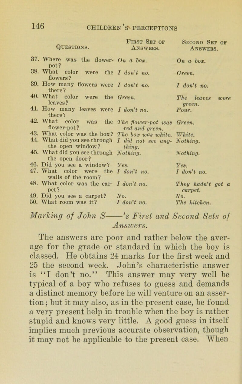 Questions. First Set of Second Set of Answers. Answers. 37. Where was the flower- pot? 38. What color were the flowers? 39. How many flowers were there? 40. What color were the leaves ? 41. How many leaves were there? 42. What color was the flower-pot ? 43. What color was the box? 44. What did you see through the open window? 45. What did you see through the open door? 46. Did you see a window? 47. What color were the walls of the room? 48. What color was the car- pet? 49. Did you see a carpet? 50. What room was it? On a box. I don't no. I don't no. Green. I don't no. The flower-pot was red and green. The box was white. I did not see any- thing. Nothing. Yes. I don’t no. I don’t no. No. I don’t no. On a box. Green. I don’t no. The leaves were green. Four. Green. White. Nothing. Nothing. Yes. 1 don’t no. They hadn’t got a carpet. No. The kitchen. Marking of John S ’s First and Second Sets of Answers. The answers are poor and rather below the aver- age for the grade or standard in which the boy is classed. He obtains 24 marks for the first week and 25 the second week. John’s characteristic answer is “I don’t no.” This answer may very well be typical of a boy who refuses to guess and demands a distinct memory before he will venture on an asser- tion ; but it may also, as in the present case, be found a very present help in trouble when the boy is rather stupid and knows very little. A good guess in itself implies much previous accurate observation, though it may not be applicable to the present case. When