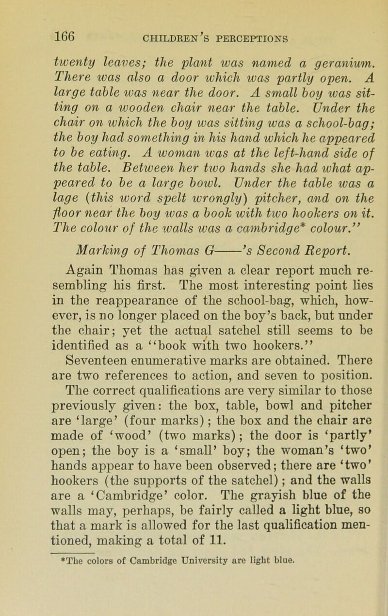 twenty leaves; the plant was named a geranium. There teas also a door which ivas partly open. A large table ivas near the door. A small boy was sit- ting on a wooden chair near the table. TJnder the chair on which the boy was sitting was a school-bag; the boy had something in his hand which he appeared to be eating. A woman was at the left-hand side of the table. Between her two hands she had ivliat ap- peared to be a large bowl. Under the table was a lage (this word spelt wrongly) pitcher, and on the floor near the boy ivas a book with two hookers on it. The colour of the walls was a Cambridge* colour.” Marking of Thomas G ’s Second Report. Again Thomas has given a clear report much re- sembling his first. The most interesting point lies in the reappearance of the school-bag, which, how- ever, is no longer placed on the boy’s back, but under the chair; yet the actual satchel still seems to be identified as a “book with two hookers.” Seventeen enumerative marks are obtained. There are two references to action, and seven to position. The correct qualifications are very similar to those previously given: the box, table, bowl and pitcher are ‘large’ (four marks); the box and the chair are made of ‘wood’ (two marks); the door is ‘partly’ open; the boy is a ‘small’ boy; the woman’s ‘two’ hands appear to have been observed; there are ‘two’ hookers (the supports of the satchel); and the walls are a ‘Cambridge’ color. The grayish blue of the walls may, perhaps, be fairly called a light blue, so that a mark is allowed for the last qualification men- tioned, making a total of 11. ♦The colors of Cambridge University are light blue.
