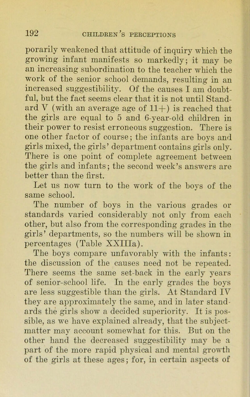 porarily weakened that attitude of inquiry which the growing infant manifests so markedly; it may be an increasing subordination to the teacher which the work of the senior school demands, resulting in an increased suggestibility. Of the causes I am doubt- ful, but the fact seems clear that it is not until Stand- ard V (with an average age of 11+) is reached that the girls are equal to 5 and 6-year-old children in their power to resist erroneous suggestion. There is one other factor of course; the infants are boys and girls mixed, the girls’ department contains girls only. There is one point of complete agreement between the girls and infants; the second week’s answers are better than the first. Let us now turn to the work of the boys of the same school. The number of boys in the various grades or standards varied considerably not only from each other, but also from the corresponding grades in the girls’ departments, so the numbers will be shown in percentages (Table XXIIIa). The boys compare unfavorably with the infants: the discussion of the causes need not be repeated. There seems the same set-back in the early years of senior-school life. In the early grades the boys are less suggestible than the girls. At Standard IV they are approximately the same, and in later stand- ards the girls show a decided superiority. It is pos- sible, as we have explained already, that the subject- matter may account somewhat for this. But on the other hand the decreased suggestibility may be a part of the more rapid physical and mental growth of the girls at these ages; for, in certain aspects of