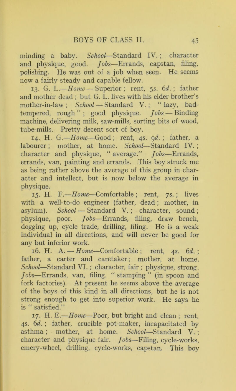 minding a baby. School—Standard IV. ; character and physique, good. Jobs—Errands, capstan, filing, polishing. He was out of a job when seen. He seems now a fairly steady and capable fellow. 13. G. L.—Home — Superior; rent, 5s. 6cl.] father and mother dead ; but G. L. lives with his elder brother’s mother-in-law ; School — Standard V. ; “ lazy, bad- tempered, rough”; good physique. Jobs — Binding machine, delivering milk, saw-mills, sorting bits of wood, tube-mills. Pretty decent sort of boy. 14. H. G.—Home—Good ; rent, 4s. 9d. ; father, a labourer; mother, at home. School—Standard IV. ; character and physique, “ average.” Jobs—Errands, errands, van, painting and errands. This boy struck me as being rather above the average of this group in char- acter and intellect, but is now below the average in physique. 15. H. F.—Home—Comfortable ; rent, ys. ; lives with a well-to-do engineer (father, dead; mother, in asylum). School — Standard V.; character, sound; physique, poor. Jobs—Errands, filing, draw bench, dogging up, cycle trade, drilling, filing. He is a weak individual in all directions, and will never be good for any but inferior work. 16. H. A. — Home—Comfortable ; rent, 4s. 6d. ; father, a carter and caretaker; mother, at home. School—Standard VI.; character, fair; physique, strong. Jobs—Errands, van, filing, “ stamping ” (in spoon and fork factories). At present he seems above the average of the boys of this kind in all directions, but he is not strong enough to get into superior work. He says he is “ satisfied.” 17. H. E.—Home—Poor, but bright and clean ; rent, 4s. 6d. ; father, crucible pot-maker, incapacitated by asthma; mother, at home. School—Standard V. ; character and physique fair. Jobs—Filing, cycle-works, emery-wheel, drilling, cycle-works, capstan. This boy
