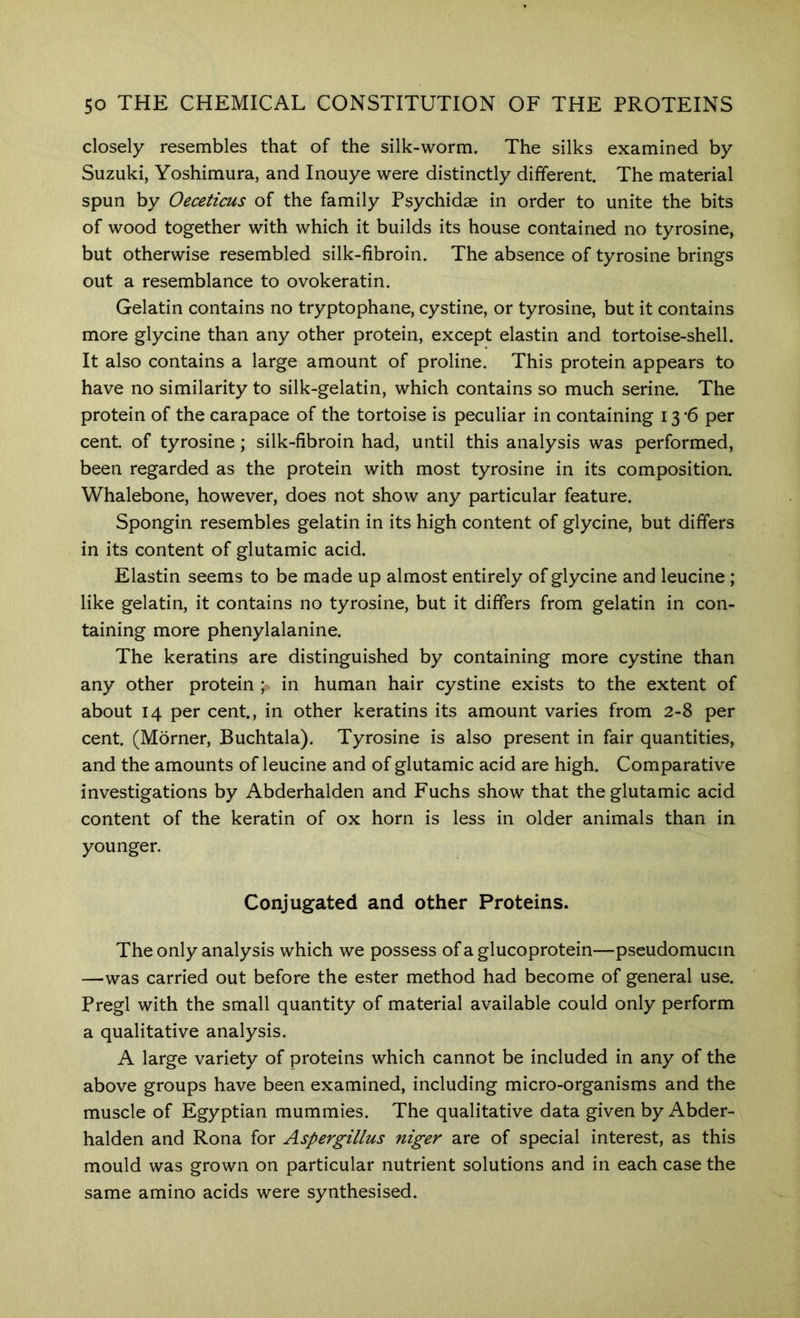 closely resembles that of the silk-worm. The silks examined by Suzuki, Yoshimura, and Inouye were distinctly different. The material spun by Oeceticus of the family Psychidae in order to unite the bits of wood together with which it builds its house contained no tyrosine, but otherwise resembled silk-fibroin. The absence of tyrosine brings out a resemblance to ovokeratin. Gelatin contains no tryptophane, cystine, or tyrosine, but it contains more glycine than any other protein, except elastin and tortoise-shell. It also contains a large amount of proline. This protein appears to have no similarity to silk-gelatin, which contains so much serine. The protein of the carapace of the tortoise is peculiar in containing 13 ’6 per cent, of tyrosine; silk-fibroin had, until this analysis was performed, been regarded as the protein with most tyrosine in its composition. Whalebone, however, does not show any particular feature. Spongin resembles gelatin in its high content of glycine, but differs in its content of glutamic acid. Elastin seems to be made up almost entirely of glycine and leucine; like gelatin, it contains no tyrosine, but it differs from gelatin in con- taining more phenylalanine. The keratins are distinguished by containing more cystine than any other protein ; in human hair cystine exists to the extent of about 14 per cent., in other keratins its amount varies from 2-8 per cent. (Morner, Buchtala). Tyrosine is also present in fair quantities, and the amounts of leucine and of glutamic acid are high. Comparative investigations by Abderhalden and Fuchs show that the glutamic acid content of the keratin of ox horn is less in older animals than in younger. Conjugated and other Proteins. The only analysis which we possess ofaglucoprotein—pseudomucin —was carried out before the ester method had become of general use. Pregl with the small quantity of material available could only perform a qualitative analysis. A large variety of proteins which cannot be included in any of the above groups have been examined, including micro-organisms and the muscle of Egyptian mummies. The qualitative data given by Abder- halden and Rona for Aspergillus niger are of special interest, as this mould was grown on particular nutrient solutions and in each case the same amino acids were synthesised.