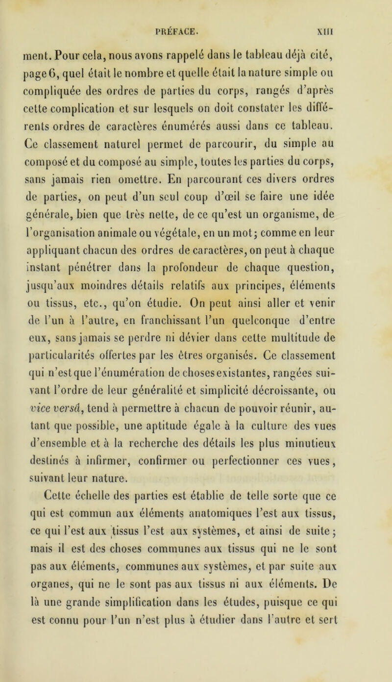 ment. Pour cela, nous avons rappelé dans le tableau déjà cité, page 6, quel était le nombre et quelle était la nature simple ou compliquée des ordres de parties du corps, rangés d’après cette complication et sur lesquels on doit constater les diffé- rents ordres de caractères énumérés aussi dans ce tableau. Ce classement naturel permet de parcourir, du simple ou composé et du composé au simple, toutes les parties du corps, sans jamais rien omettre. En parcourant ces divers ordres de parties, on peut d’un seul coup d’œil se faire une idée générale, bien que très nette, de ce qu’est un organisme, de l’organisation animale ou végétale, en un mot; comme en leur appliquant chacun des ordres de caractères, on peut à chaque instant pénétrer dans la profondeur de chaque question, jusqu’aux moindres détails relatifs aux principes, éléments ou tissus, etc., qu’on étudie. On peut ainsi aller et venir de l’un à l’autre, en franchissant l’un quelconque d’entre eux, sans jamais se perdre ni dévier dans celte multitude de particularités offertes par les êtres organisés. Ce classement qui n’estque l’énumération de chosesexistantes, rangées sui- vant l’ordre de leur généralité et simplicité décroissante, ou vice verseî, tend à permettre à chacun de pouvoir réunir, au- tant que possible, une aptitude égale à la culture des vues d’ensemble et à la recherche des détails les plus minutieux destinés à infirmer, confirmer ou perfectionner ces vues, suivant leur nature. Cette échelle des parties est établie de telle sorte que ce qui est commun aux éléments anatomiques l’est aux tissus, ce qui l’est aux tissus l’est aux systèmes, et ainsi de suite; mais il est des choses communes aux tissus qui ne le sont pas aux éléments, communes aux systèmes, et par suite aux organes, qui ne le sont pas aux tissus ni aux éléments. De là une grande simplification dans les études, puisque ce qui est connu pour l’un n’est plus à étudier dans l’autre et sert