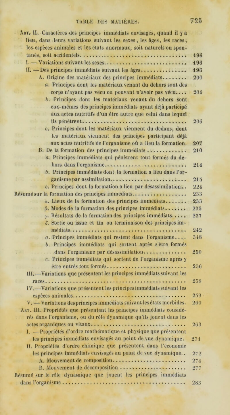 Art. 11. Caractères des principes immédiats envisagés, quand il y a lieu, dans leurs variations suivant les sexes, les âges, les races, les espèces animales et les étals anormaux, soit naturels ou spon- tanés, soit accidentels 196 I. —Variations suivant les sexes 196 II. —Des principes immédiats suivant les âges 196 A. Origine des matériaux des principes immédiats 200 a. Principes dont les matériaux venant du dehors sont des corps n’ayant pas vécu ou pouvant n’avoir pas vécu.... 204 b. Principes dont les matériaux venant du dehors sont eux-mômes des principes immédiats ayant déjà participé aux actes nutritifs d’un être autre que celui dans lequel ils pénètrent 206 c. Principes dont les matériaux vieuneut du dedans, dont les matériaux viennent des principes participant déjà aux actes nutritifs de l’organisme où a lieu la formation. 207 B. De la formation des principes immédiats 210 a. Principes immédiats qui pénètreut tout formés du de- hors dans l’organisme 214 b. Principes immédiats dont la formation a lieu dans l’or- ganisme par assimilation 215 c. Principes dont la formation a lieu par désassimilation.. 224 Résumé sur la formation des principes immédiats 233 a. Lieux de la formation des principes immédiats 233 0. Modes de la formation des principes immédiats 235 y. Résultats de la formation des principes immédiats 237 S. Sortie ou issue et fin ou terminaison des principes im- médiats 242 a. Principes immédiats qui restent dans l'organisme.... 318 b. Principes immédiats qui sortent après s'être formés dans l’organisme par désassimilation 250 c. Principes immédiats qui sortent de l’organisme après y être entrés tout formés 256 III. —Variations que présentent les principes immédiats suivaut les races 258 IV. —Variations que présentent les principes immédiats suivant les espèces animales 259 V. —Variations des principes immédiats suivant lesétats morbides. 260 Art. 111. Propriétés que présentent les principes immédiats considé- rés dans l’organisme, ou du rôle dynamique qu’ils jouent dans les actes organiques ou vitaux 263 I. —Propriétés d’ordre mathématique et physique que présentent les principes immédiats envisagés au point de vue dynamique. 271 II. Propriétés d'ordre chimique que présentent dans l’économie les principes immédiats envisagés au point de vue dynamique.. 272 A. Mouvement de composition 271 B. Mouvement de décomposition 277 Résumé sur le rêle dynamique que jouent les principes immédiats dans l’organisme 283