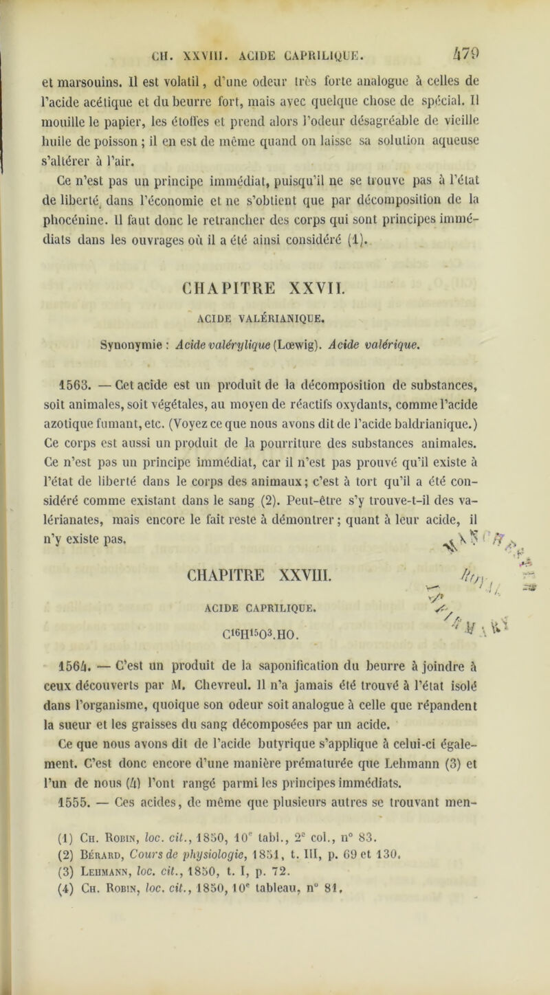 et marsouins. 11 est volatil, d’une odeur très forte analogue à celles de l’acide acétique et du beurre fort, mais avec quelque chose de spécial. Il mouille le papier, les étoiles et prend alors l’odeur désagréable de vieille huile de poisson ; il en est de même quand on laisse sa solution aqueuse s’altérer à l’air. Ce n’est pas un principe immédiat, puisqu’il ne se trouve pas à l’état de liberté^ dans l’économie et ne s’obtient que par décomposition de la phocénine. 11 faut donc le retrancher des corps qui sont principes immé- diats dans les ouvrages où il a été ainsi considéré (1). CHAPITRE XXVII. ACIDE VALÉRIANIQUE. Synonymie: Acide valérylique (Loewig). Acide valérique. 1563. — Cet acide est un produit de la décomposition de substances, soit animales, soit végétales, au moyen de réactifs oxydants, comme l’acide azotique fumant, etc. (Voyez ce que nous avons dit de l’acide baldrianique.) Ce corps est aussi un produit de la pourriture des substances animales. Ce n’est pas un principe immédiat, car il n’est pas prouvé qu’il existe à l’état de liberté dans le corps des animaux; c’est à tort qu’il a été con- sidéré comme existant dans le sang (2). Peut-être s’y trouve-t-il des va- lérianates, mais encore le fait reste à démontrer ; quant à leur acide, il 1566. — C’est un produit de la saponification du beurre à joindre ceux découverts par M. Chevreul. Il n’a jamais été trouvé à l’état isolé dans l’organisme, quoique son odeur soit analogue à celle que répandent la sueur et les graisses du sang décomposées par un acide. Ce que nous avons dit de l’acide butyrique s’applique 5 celui-ci égale- ment. C’est donc encore d’une manière prématurée que Lehmann (3) et l’un de nous (6) l’ont rangé parmi les principes immédiats. 1555. — Ces acides, de même que plusieurs autres se trouvant men- (1) Cu. Rodin, loc. cit., 1850, 10” tabl., 2° col., n° 83. (2) Béraud, Cours de physiologie, 1851, t. III, p. 69 et 130. (3) Leumann, loc. cit., 1850, t. I, p. 72. (4) Ch. Robin, loc. cit., 1850, 10' tableau, nü 81. n’y existe pas. CHAPITRE XXVIII. ACIDE CAPRILIQÜE. C16H1503.HO.